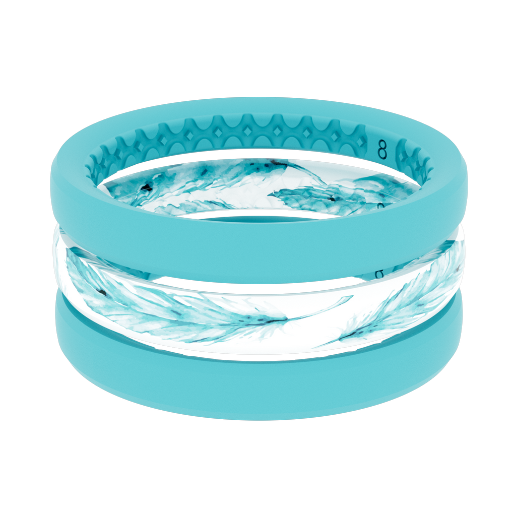 Women's Stackable Ring with Feather Pattern, White & Turquoise