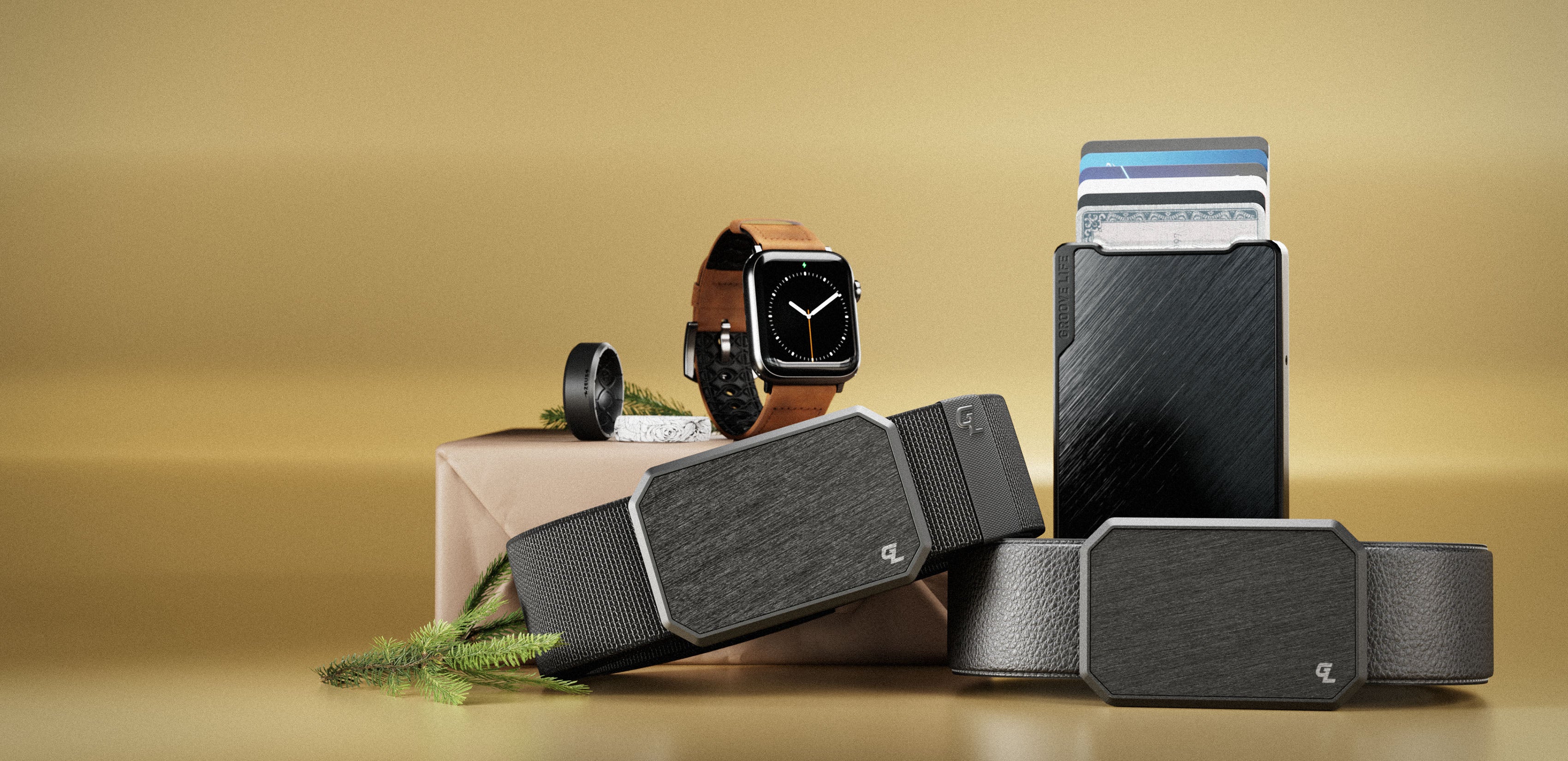 black belt, black ring, white and black ring, leather black belt, brown leather watchband, and iphone smart wallet.