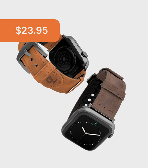 two apple watches, one with a tan band and one with a brown band