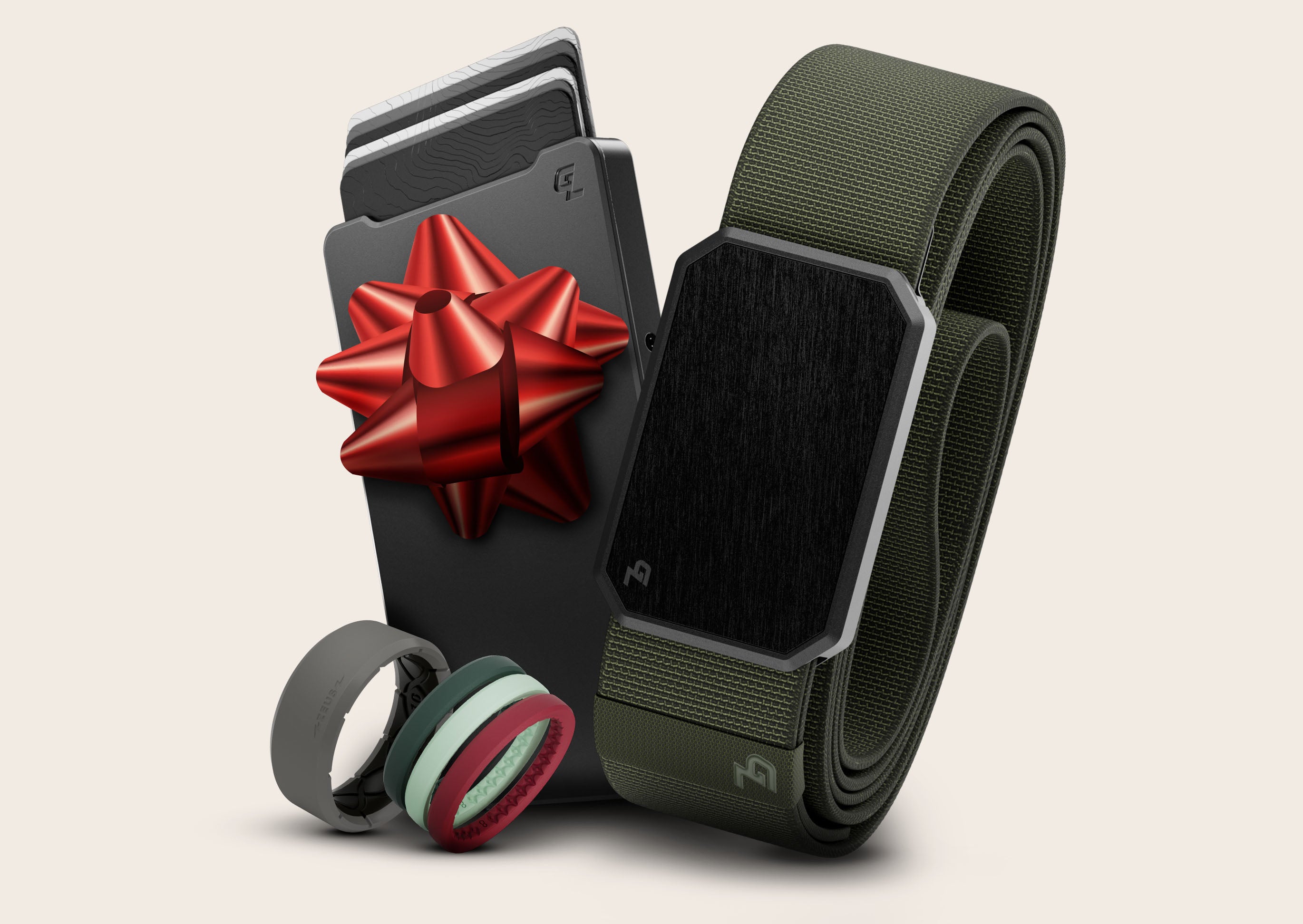 green belt, black slim metal wallet, green and red ring, and green ring