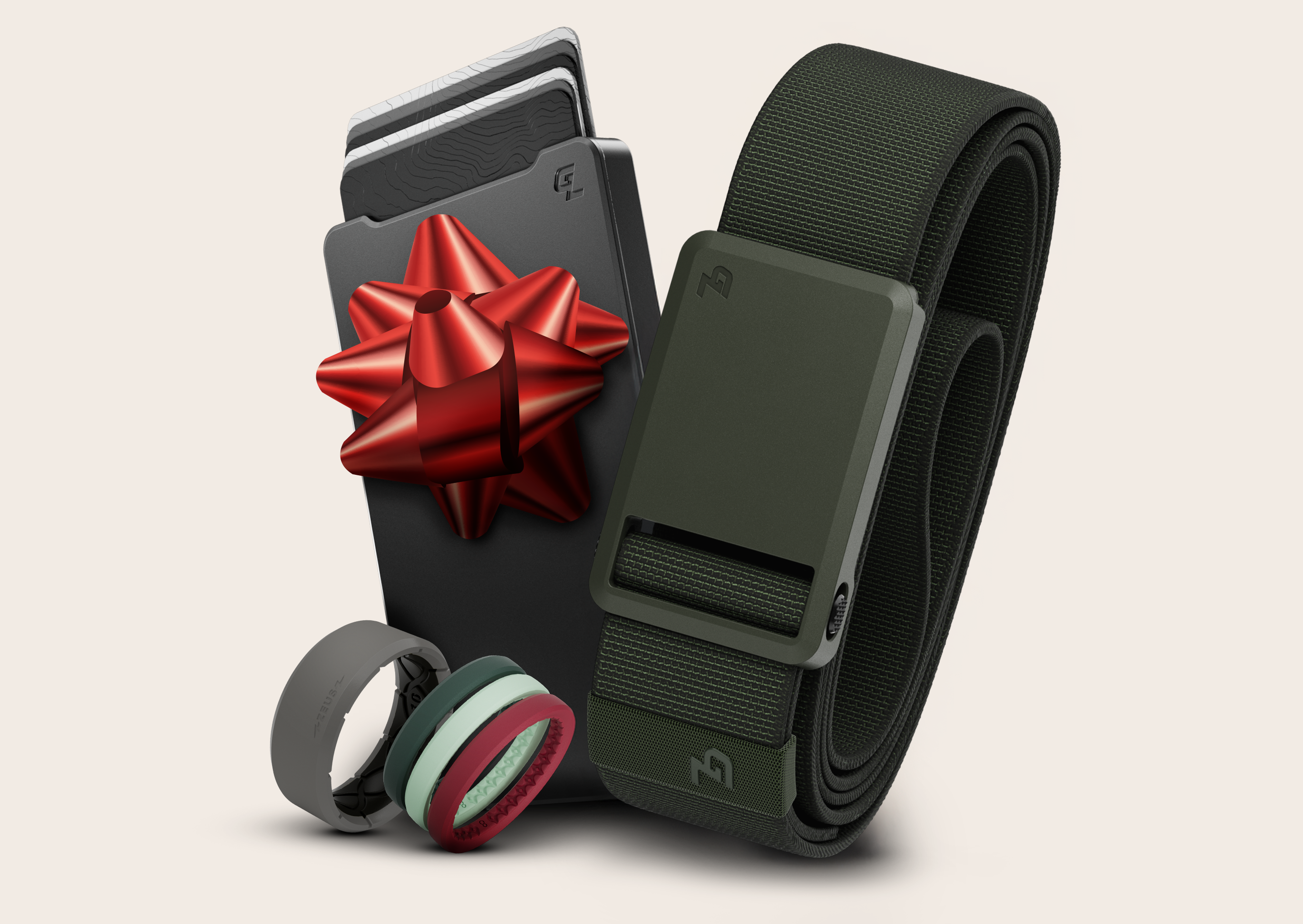 green belt, black slim metal wallet, green and red ring, and green ring.