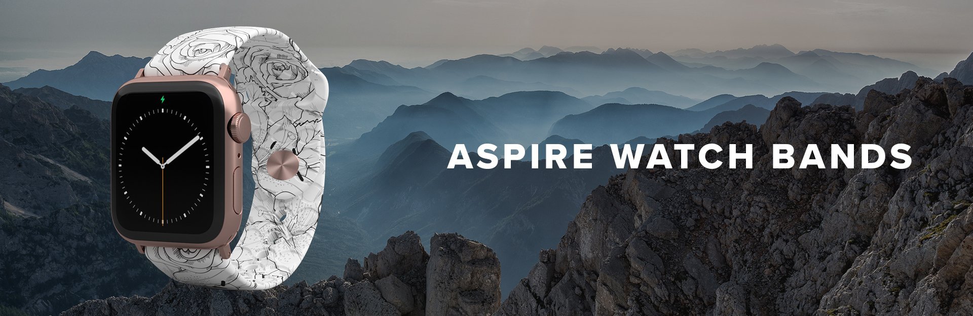 Aspire Watch Bands, a Winter Rose watch band is overlaid on very rocky mountains