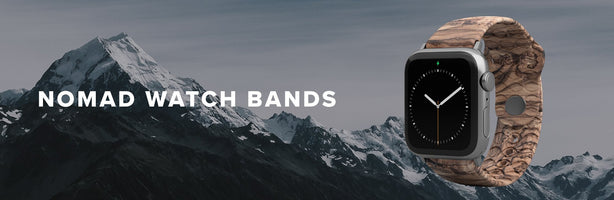 Nomad Watch Bands, burled walnut watch band overlaid on snowy mountains