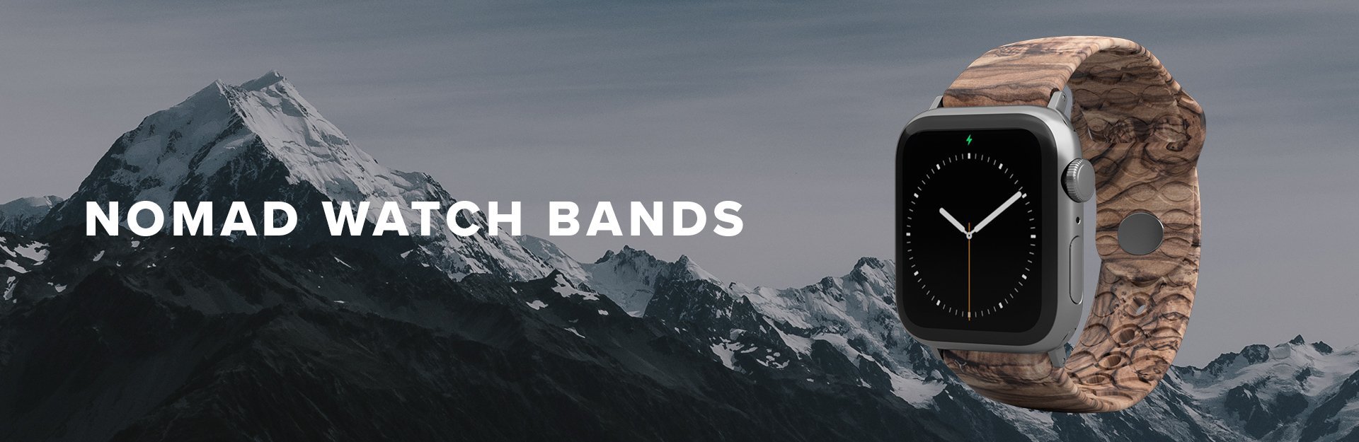 Nomad Watch Bands, burled walnut watch band overlaid on snowy mountains