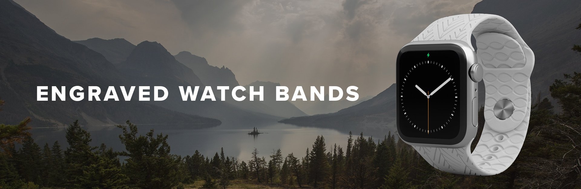 Engraved Watch Bands, solid white watch overlaid on mountain lake