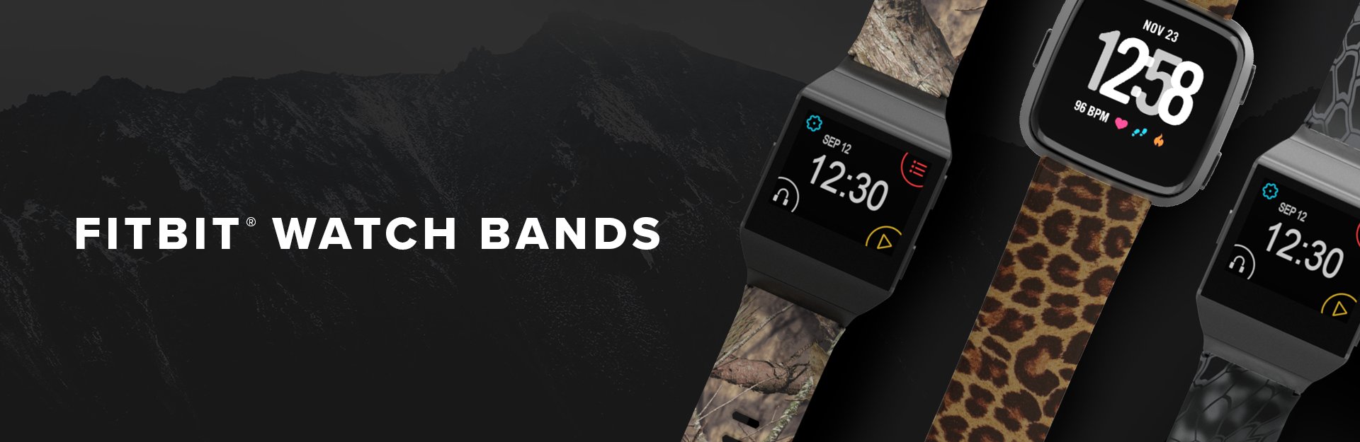 Fitbit Watch Bands, winter rose, leopard, and kryptek typhon alongside each other
