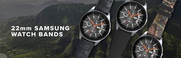 22mm Samsung Watch Bands, several samsung watches are overlaid on a background of tropical-looking mountains