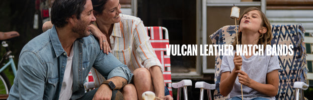 Vulcan Leather Watch Bands, Vulcan Trek laid out on wood background