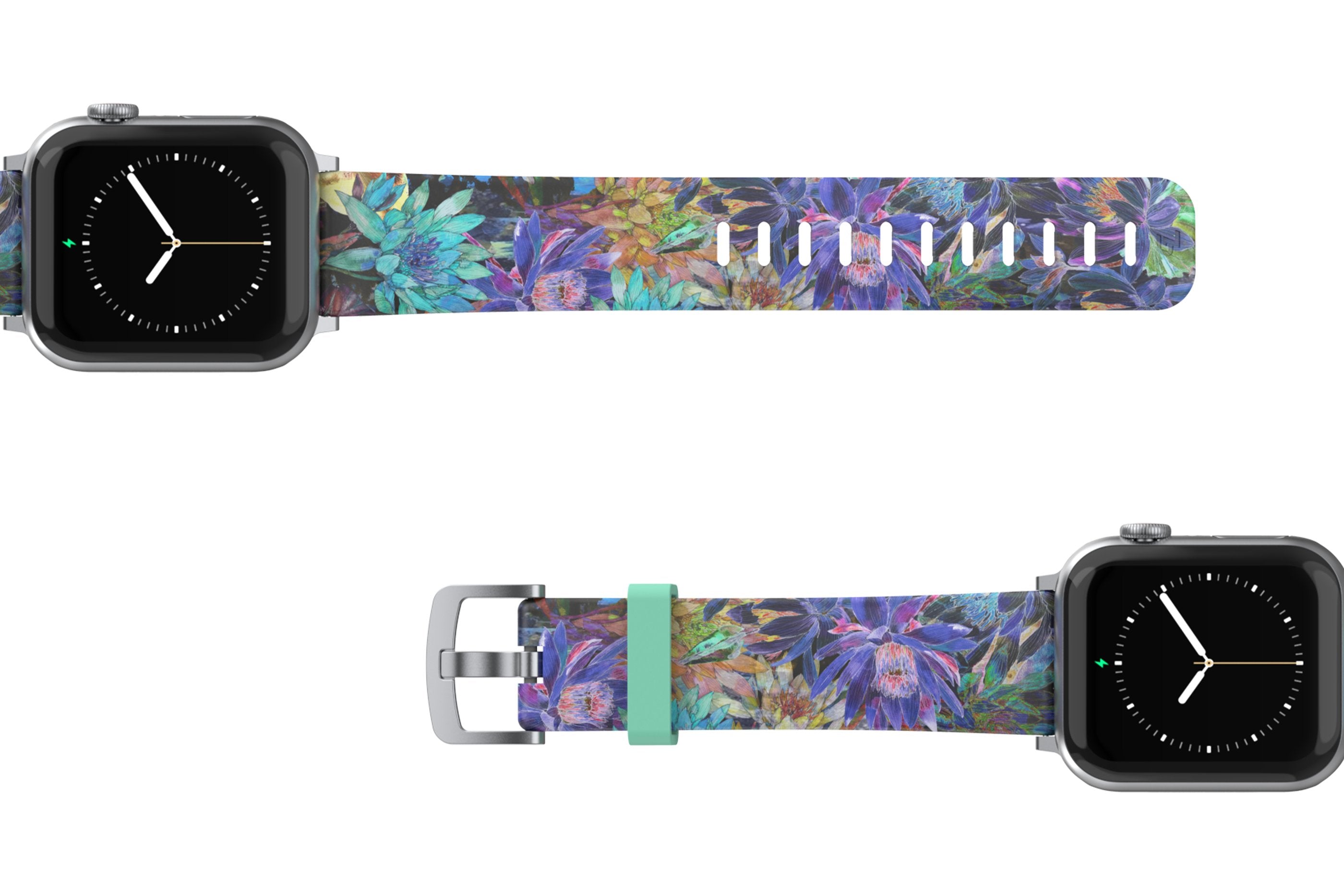 Twilight Blossom Apple Watch Band with silver hardware viewed top down