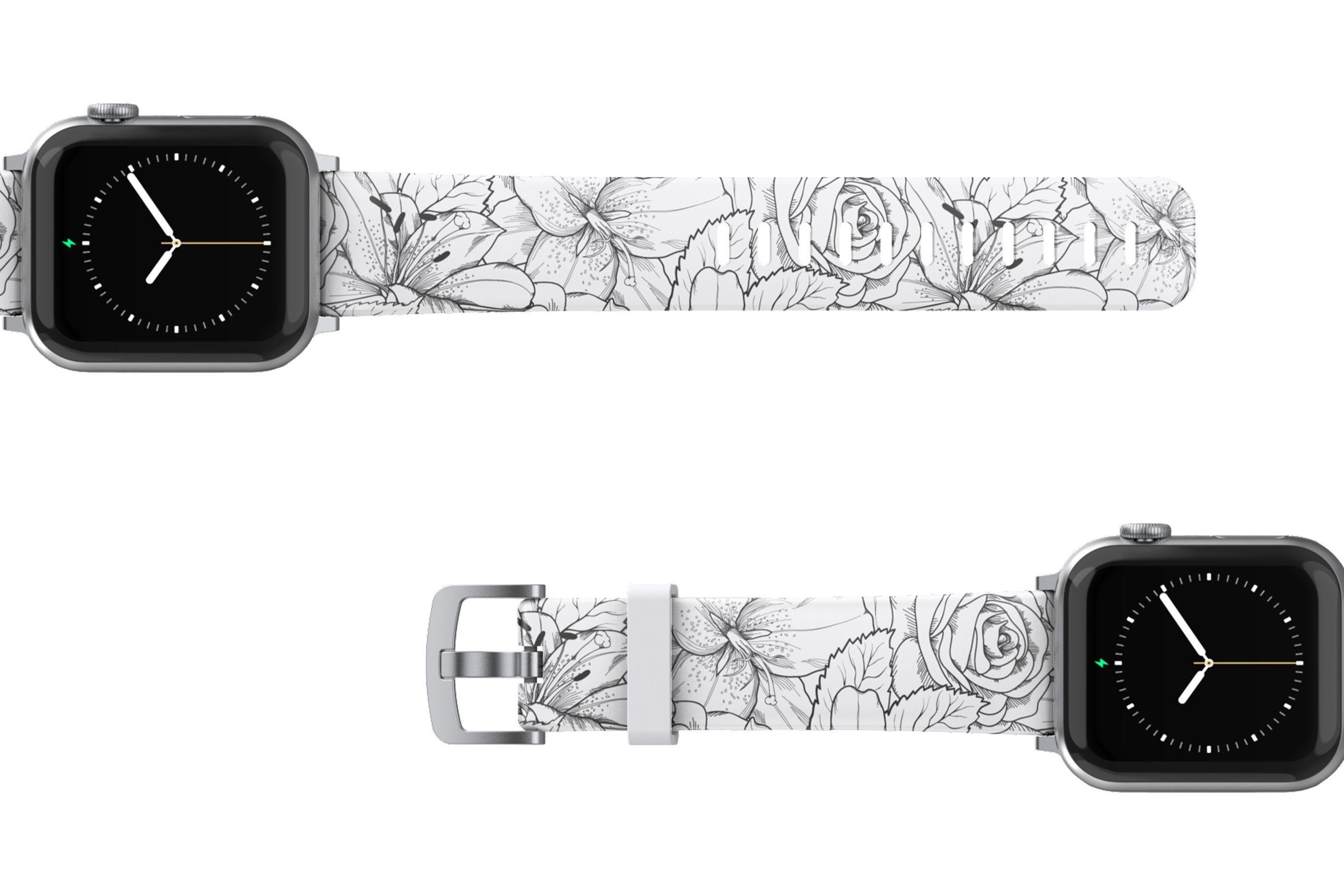 Winter Rose Apple Watch Band with silver hardware viewed top down