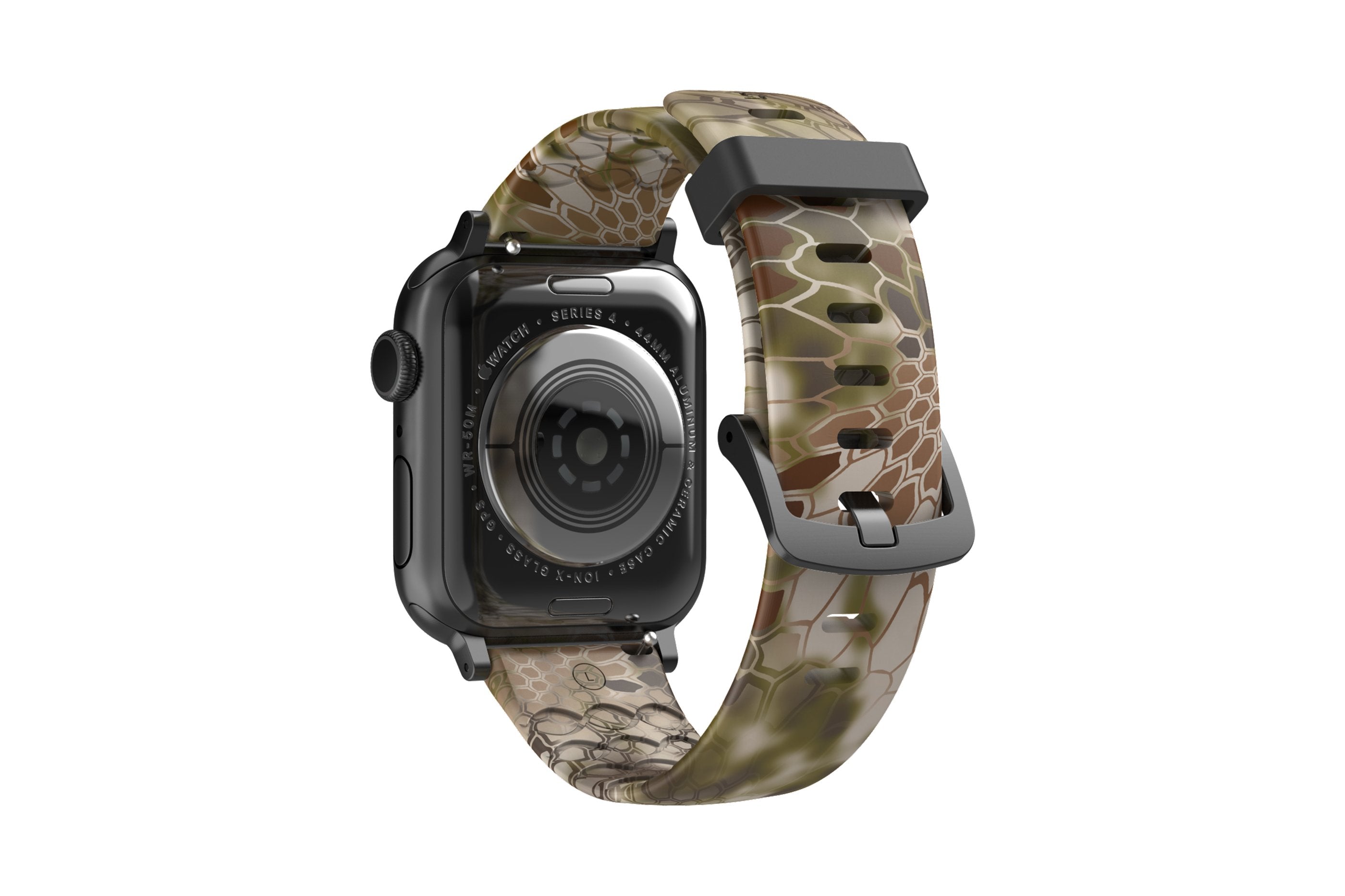 Kryptek Highlander Apple Watch Band with gray hardware viewed from rear