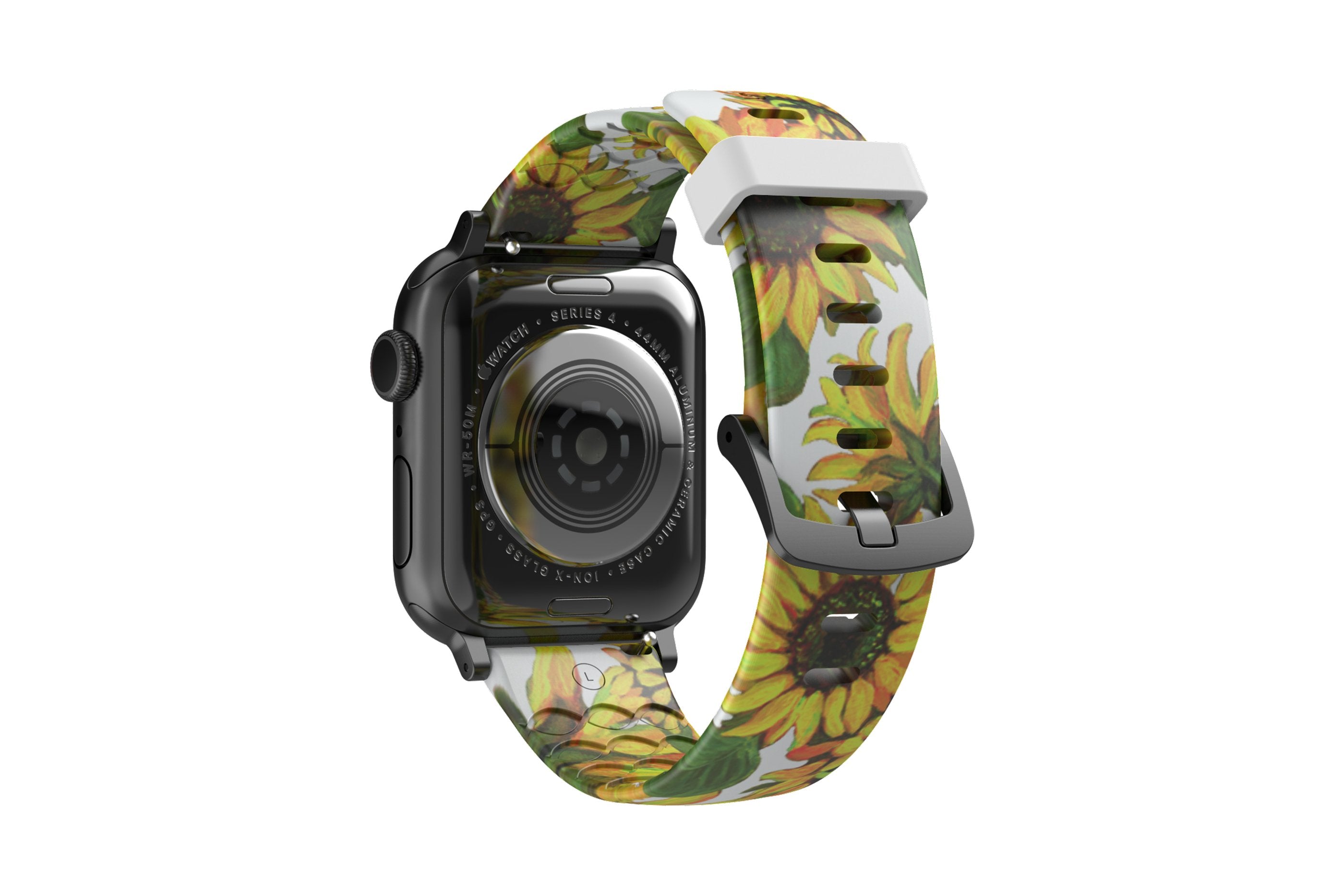 Sunflower Apple Watch Band with gray hardware viewed from top down