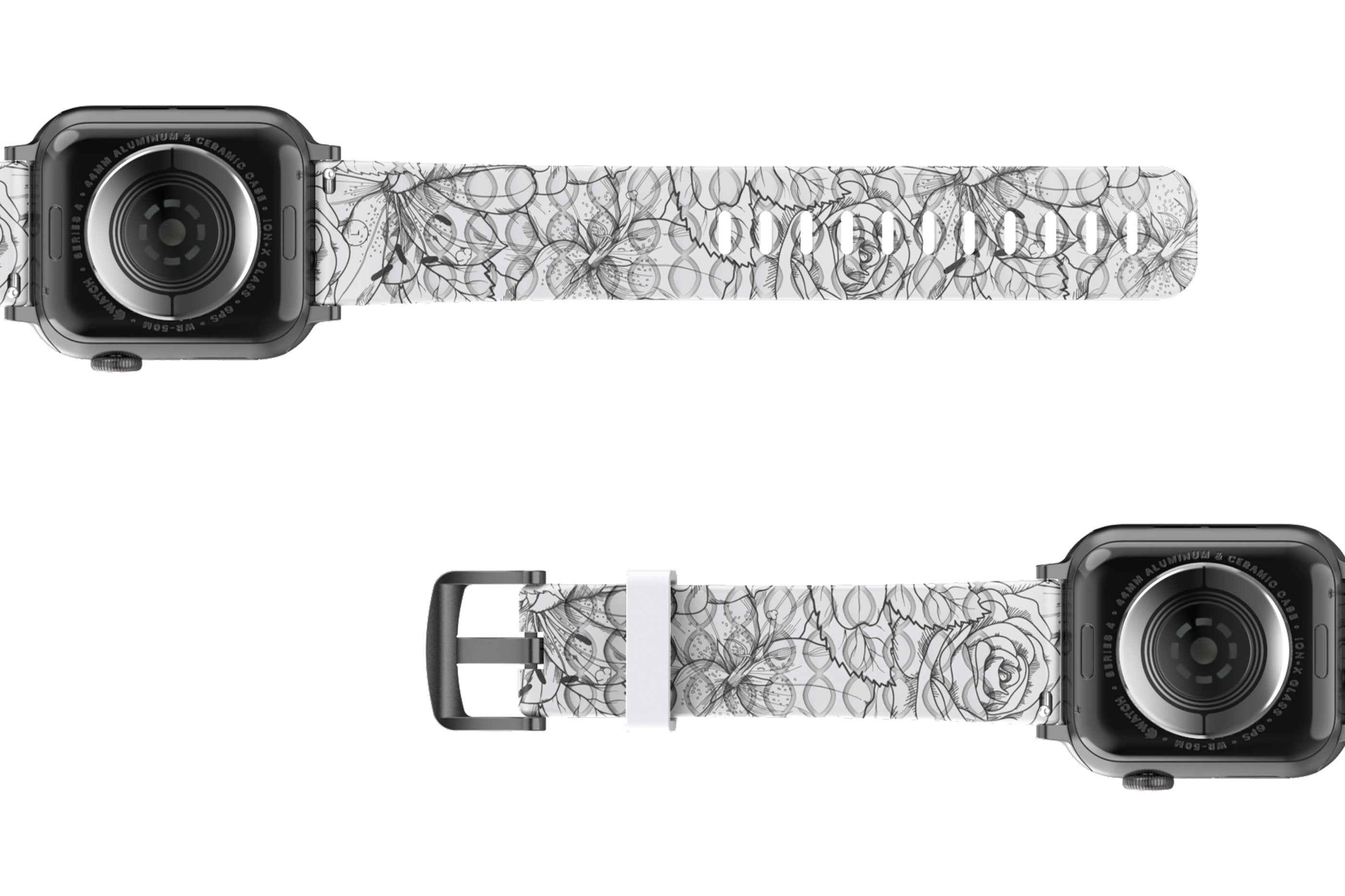 Winter Rose Apple Watch Band with gray hardware viewed bottom up