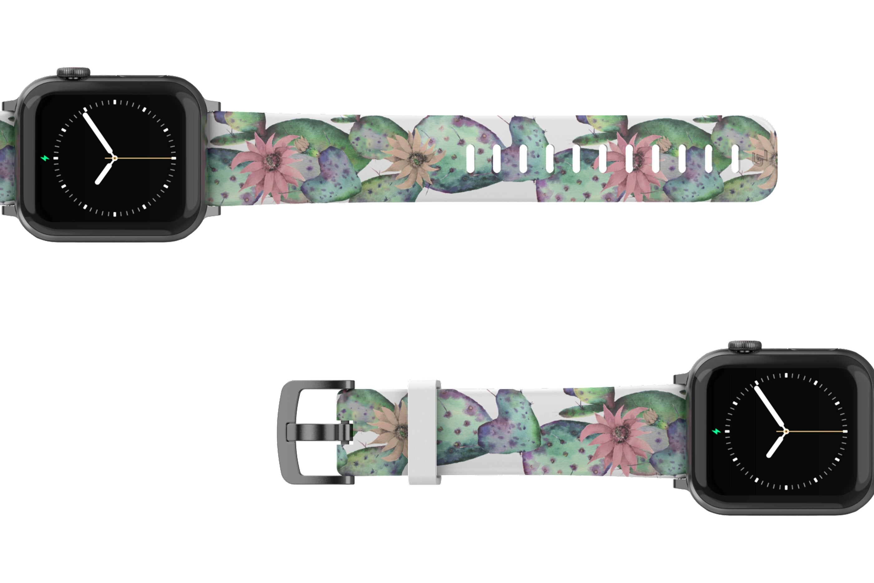 Cactus Bloom Apple Watch Band with gray hardware viewed top down