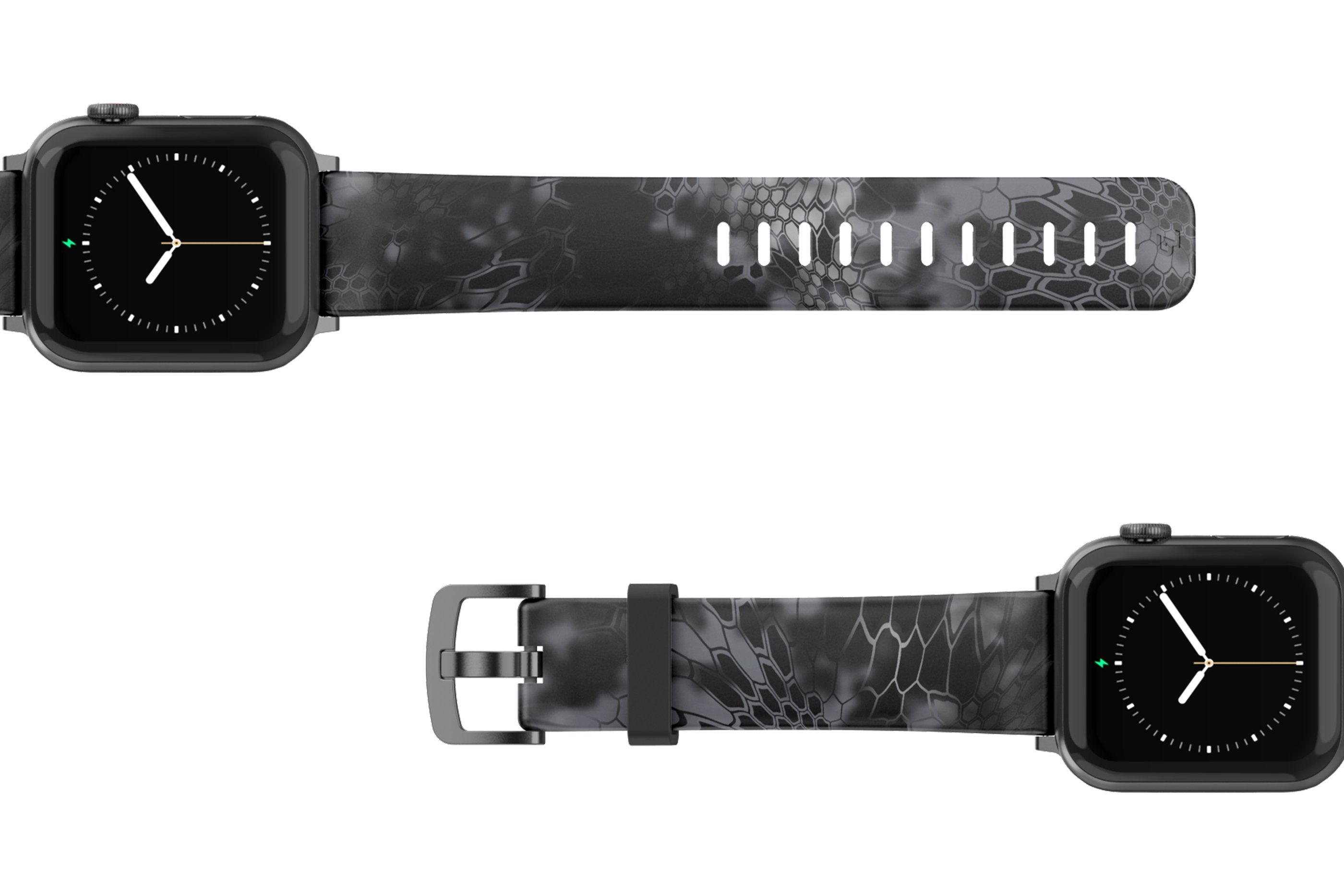Kryptek Typhon Apple Watch Band with silver hardware viewed top down