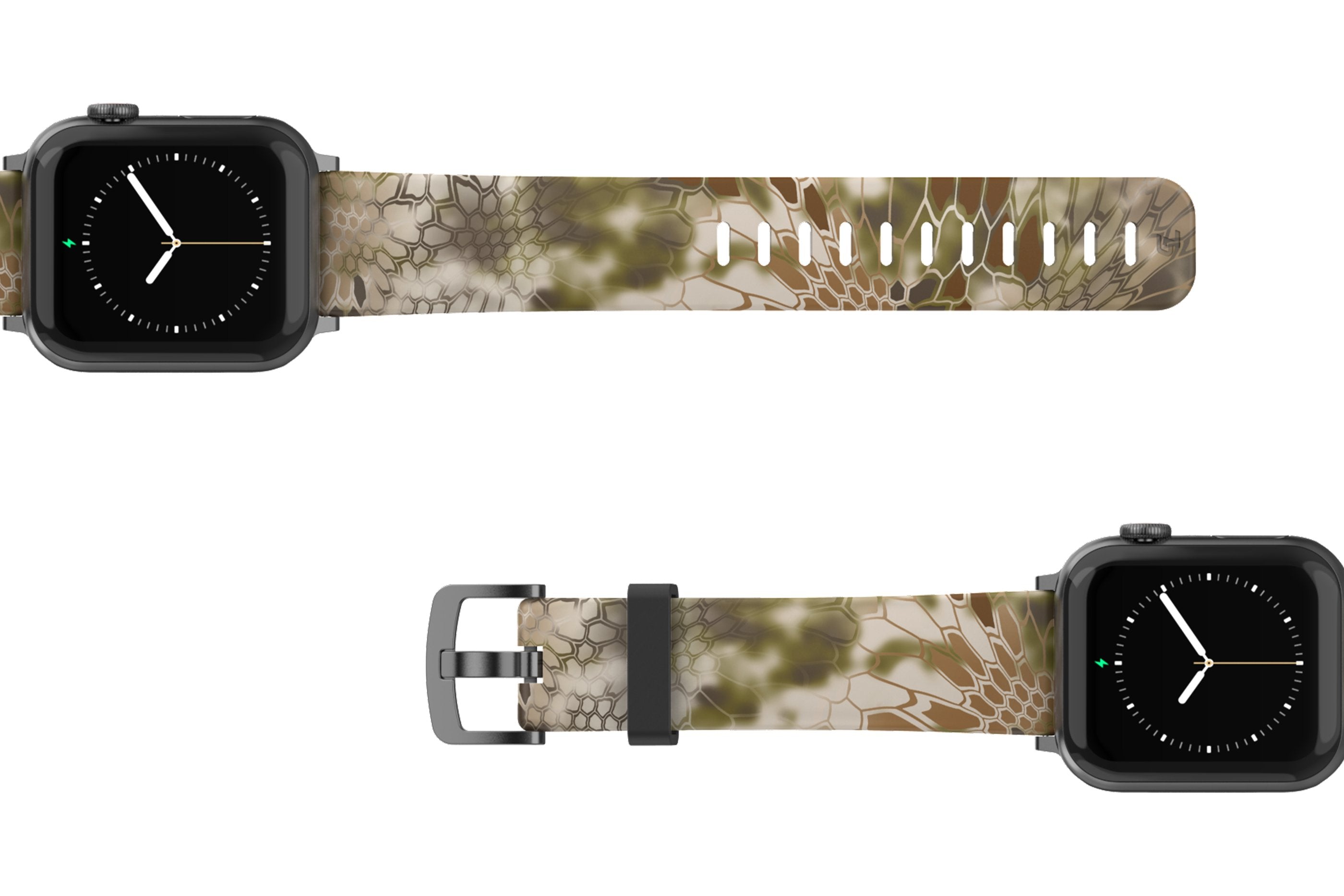 Kryptek Highlander Apple Watch Band with gray hardware viewed top down