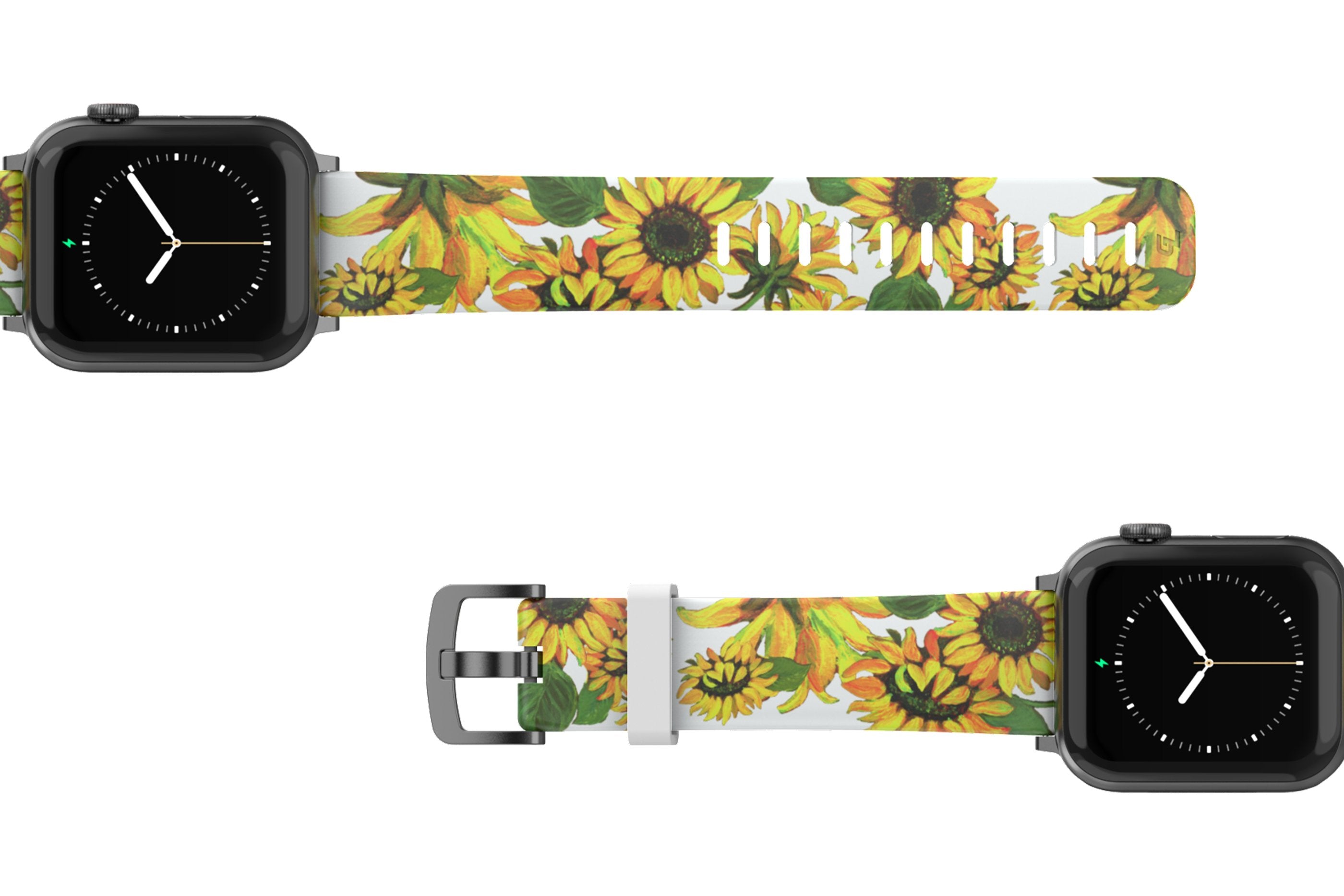 Sunflower Apple Watch Band with gray hardware viewed top down