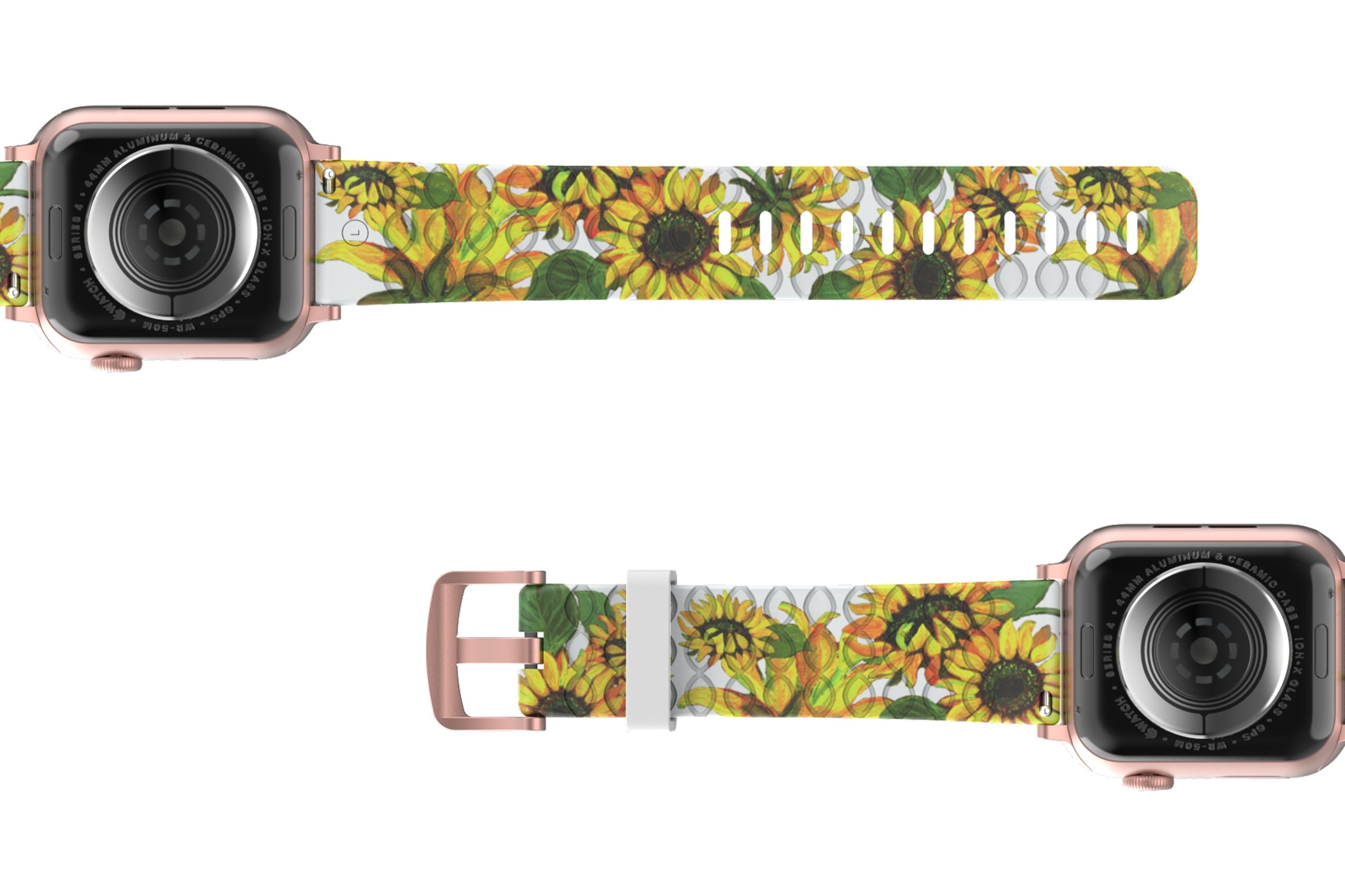 Sunflower Apple Watch Band with rose gold hardware viewed bottom up