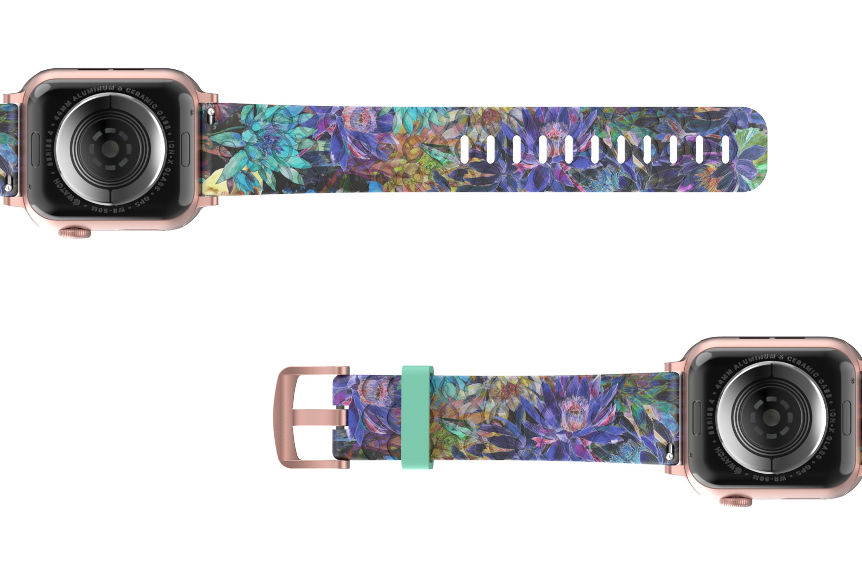 Twilight Blossom Apple Watch Band with rose gold hardware viewed bottom up