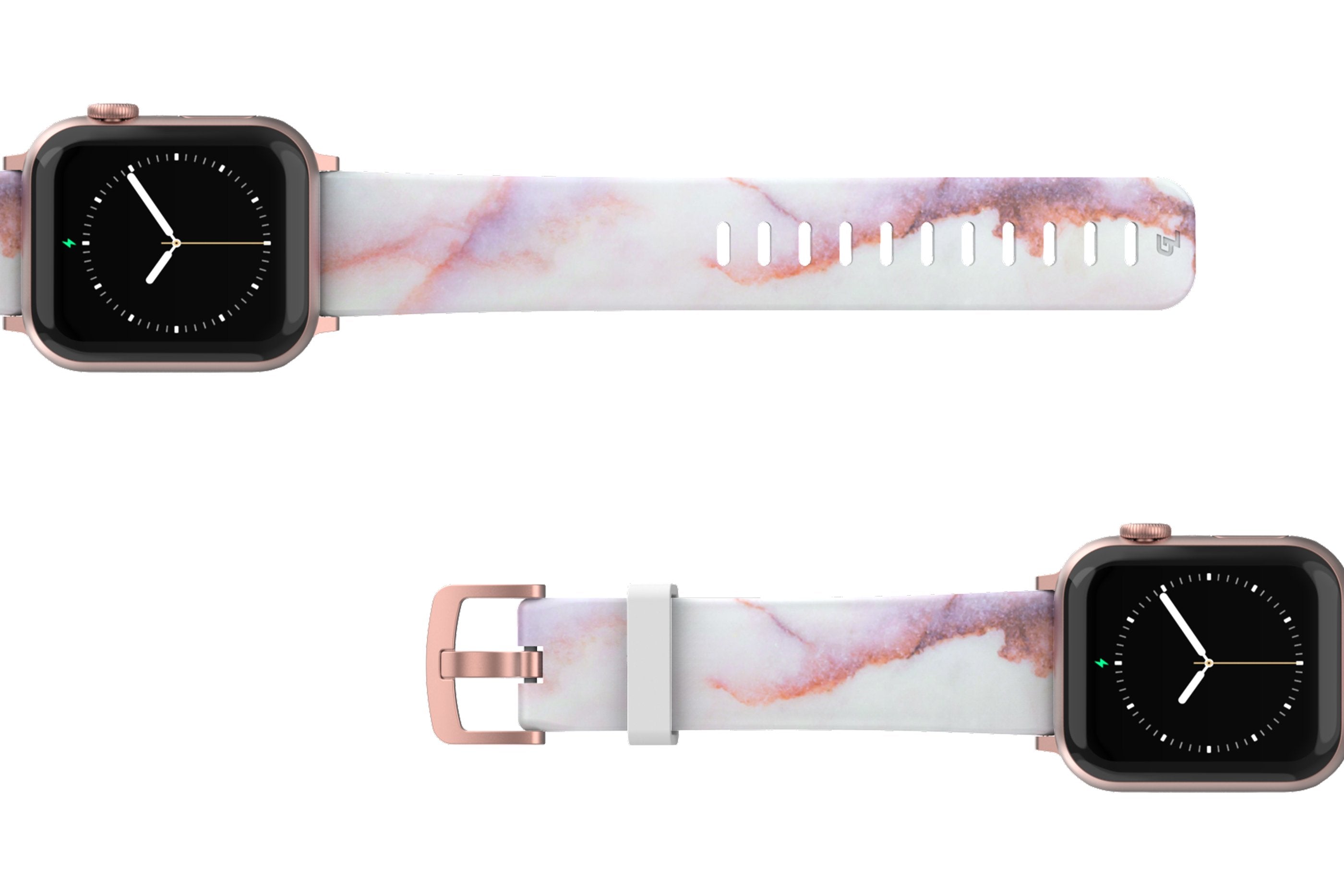 Carrera Marble Apple Watch Band with rose gold hardware viewed top down