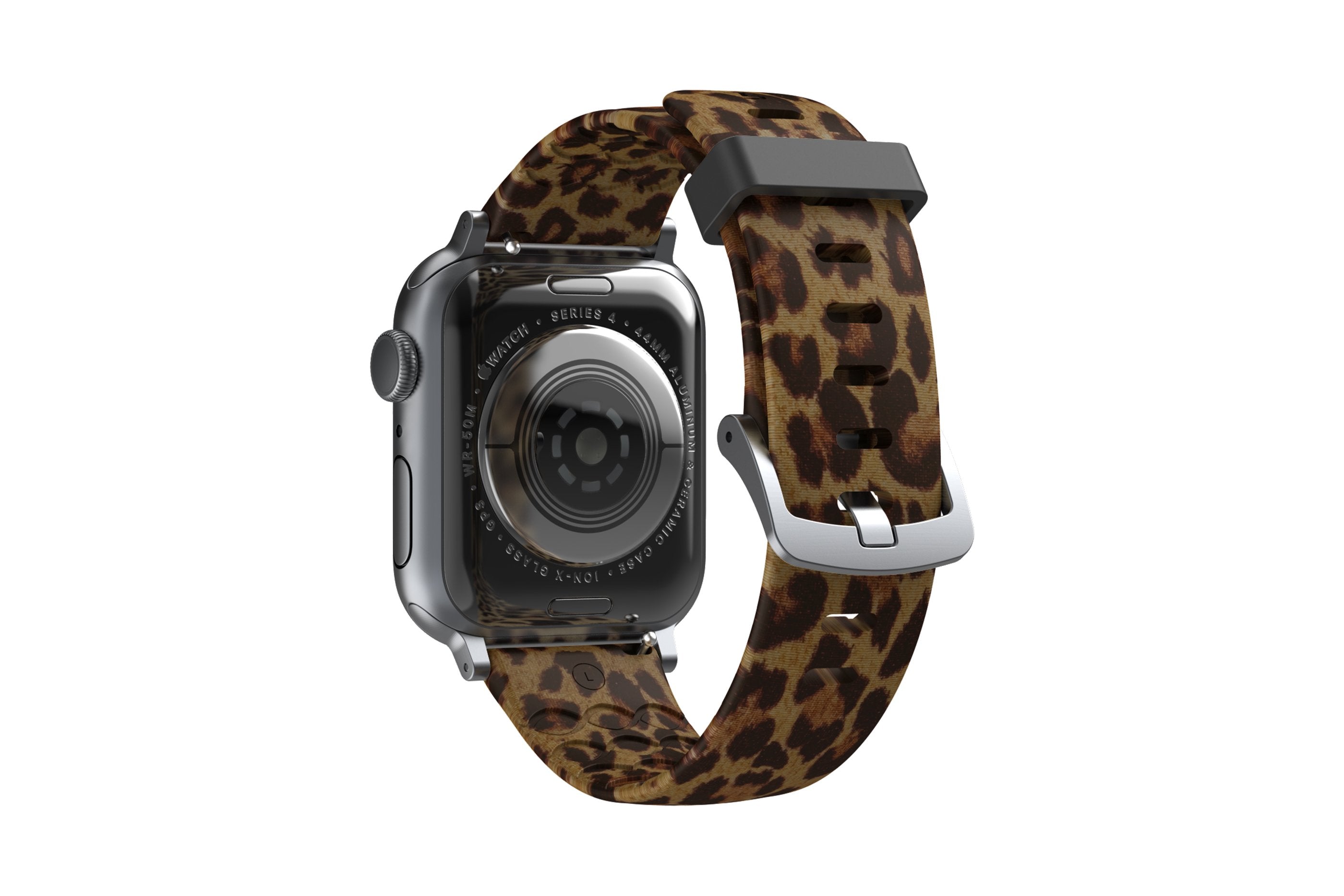 Leopard Apple Watch Band with Silver hardware viewed from rear