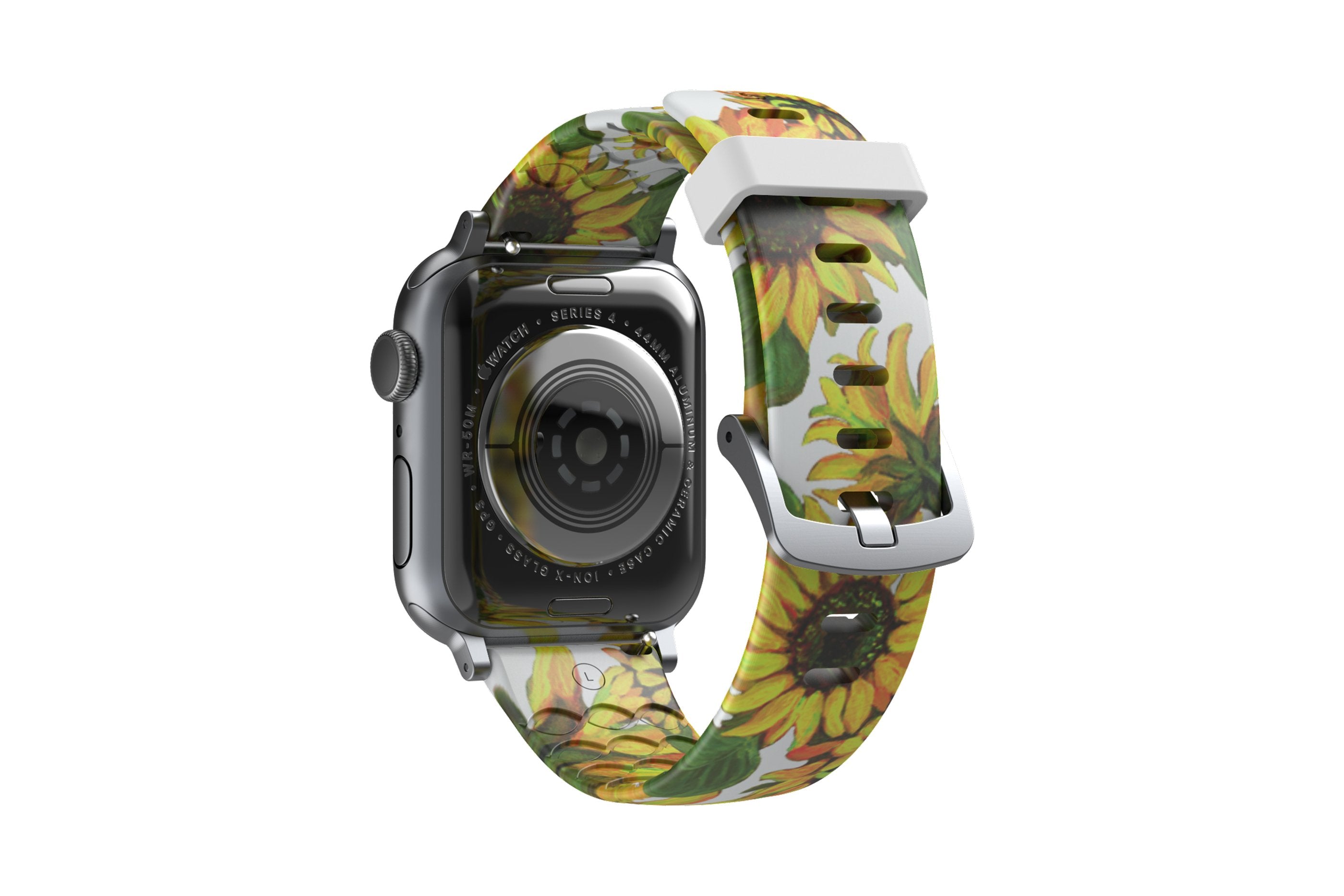 Sunflower Apple Watch Band with silver hardware viewed from top down