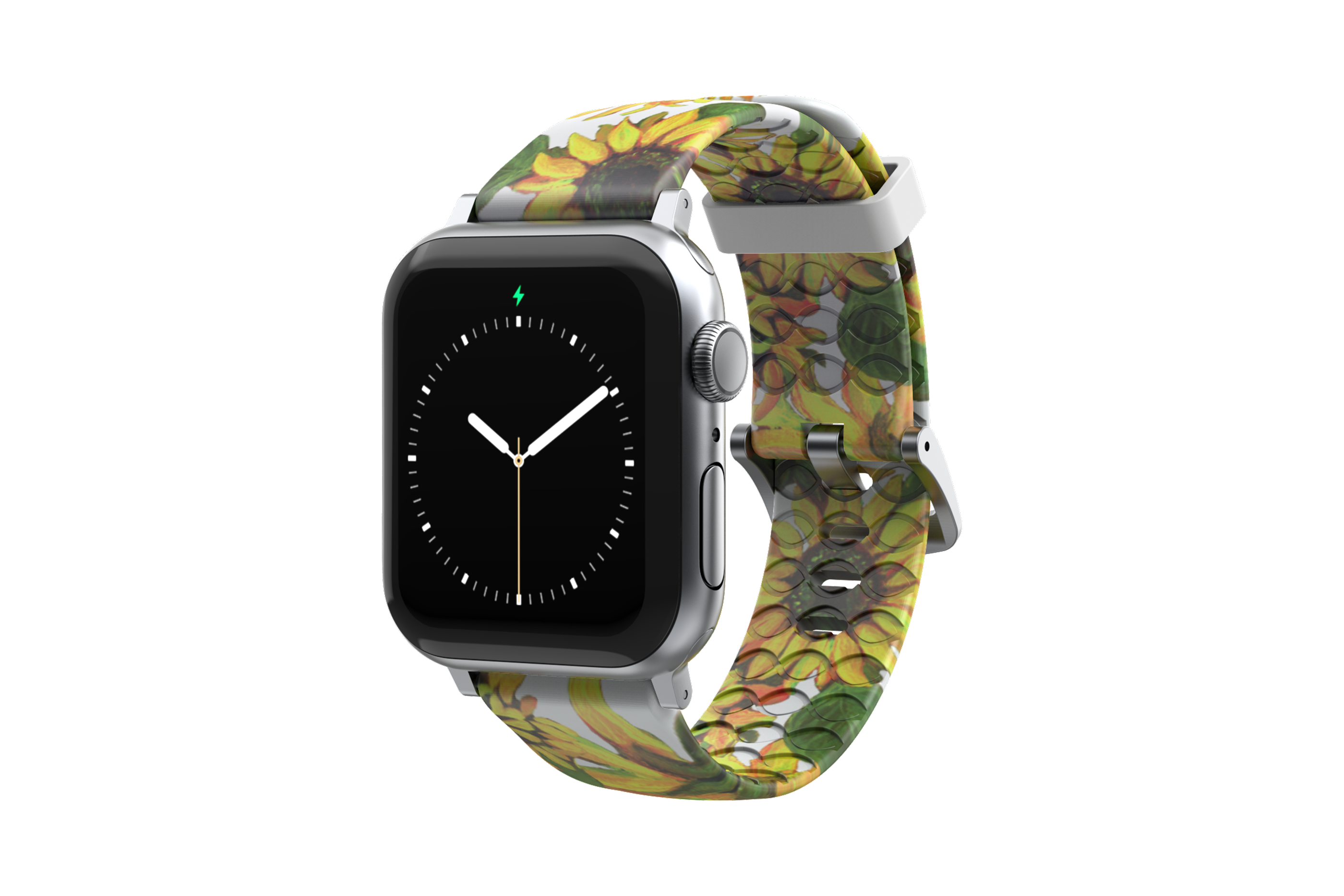 Sunflower Apple Watch Band with silver hardware viewed front on