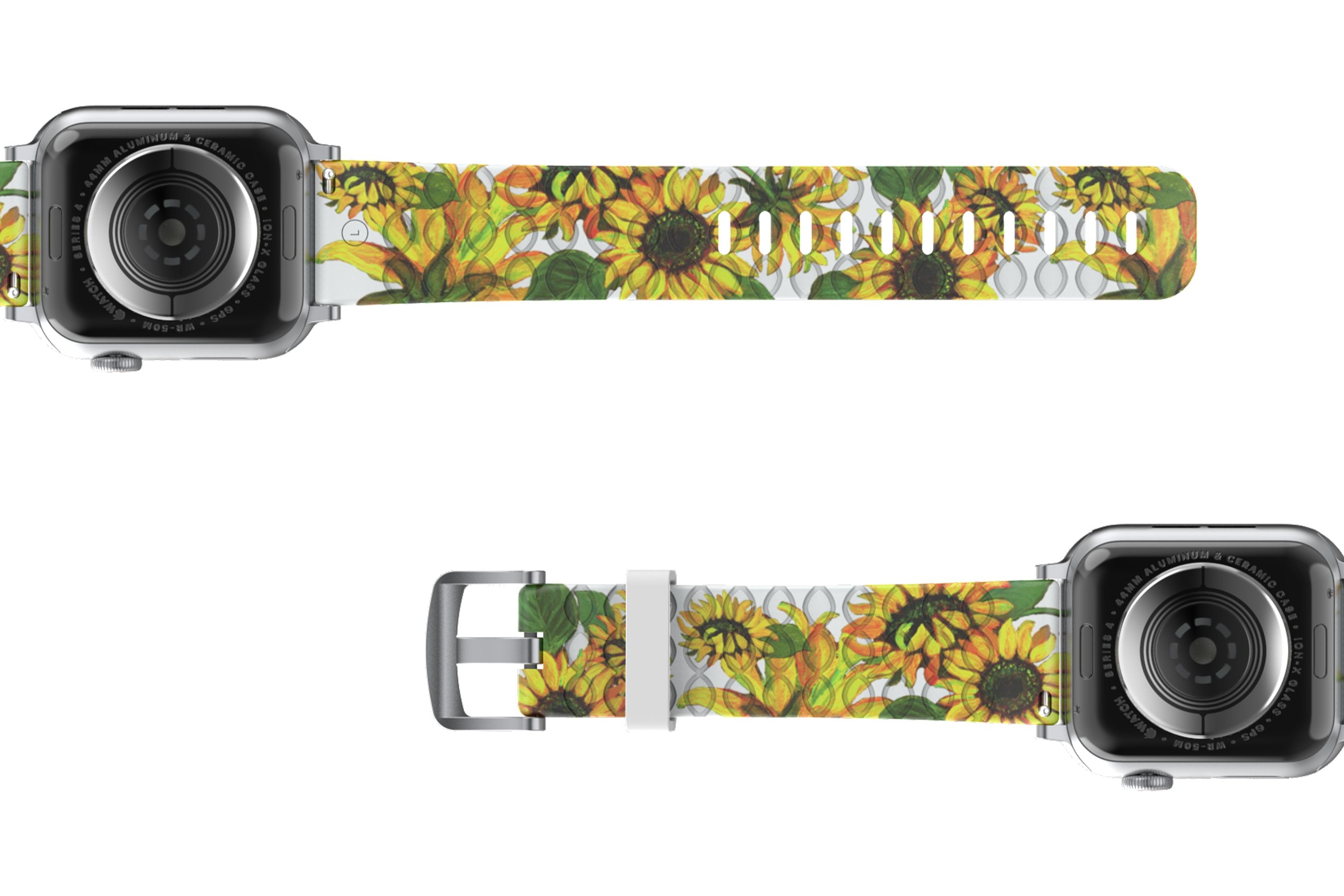 Sunflower Apple Watch Band with gray hardware viewed bottom up