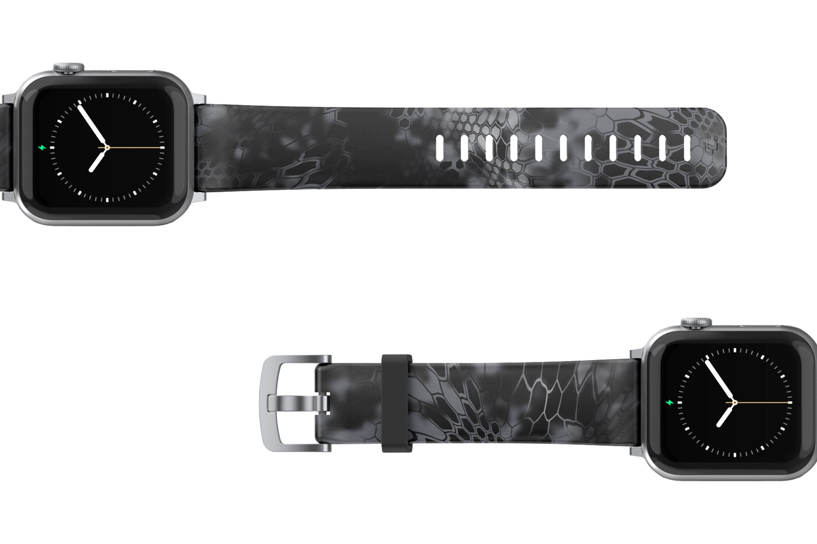 Kryptek Typhon Apple Watch Band with gray hardware viewed top down