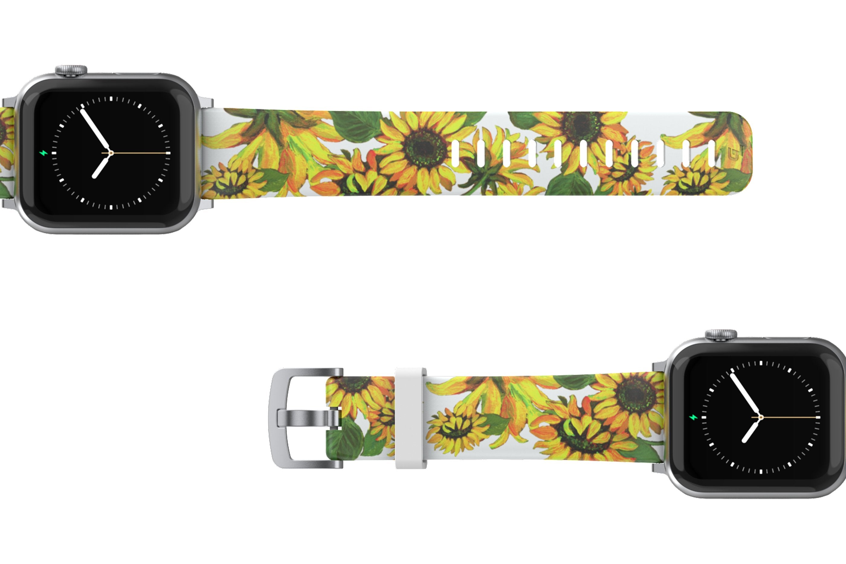 Sunflower Apple Watch Band with silver hardware viewed top down