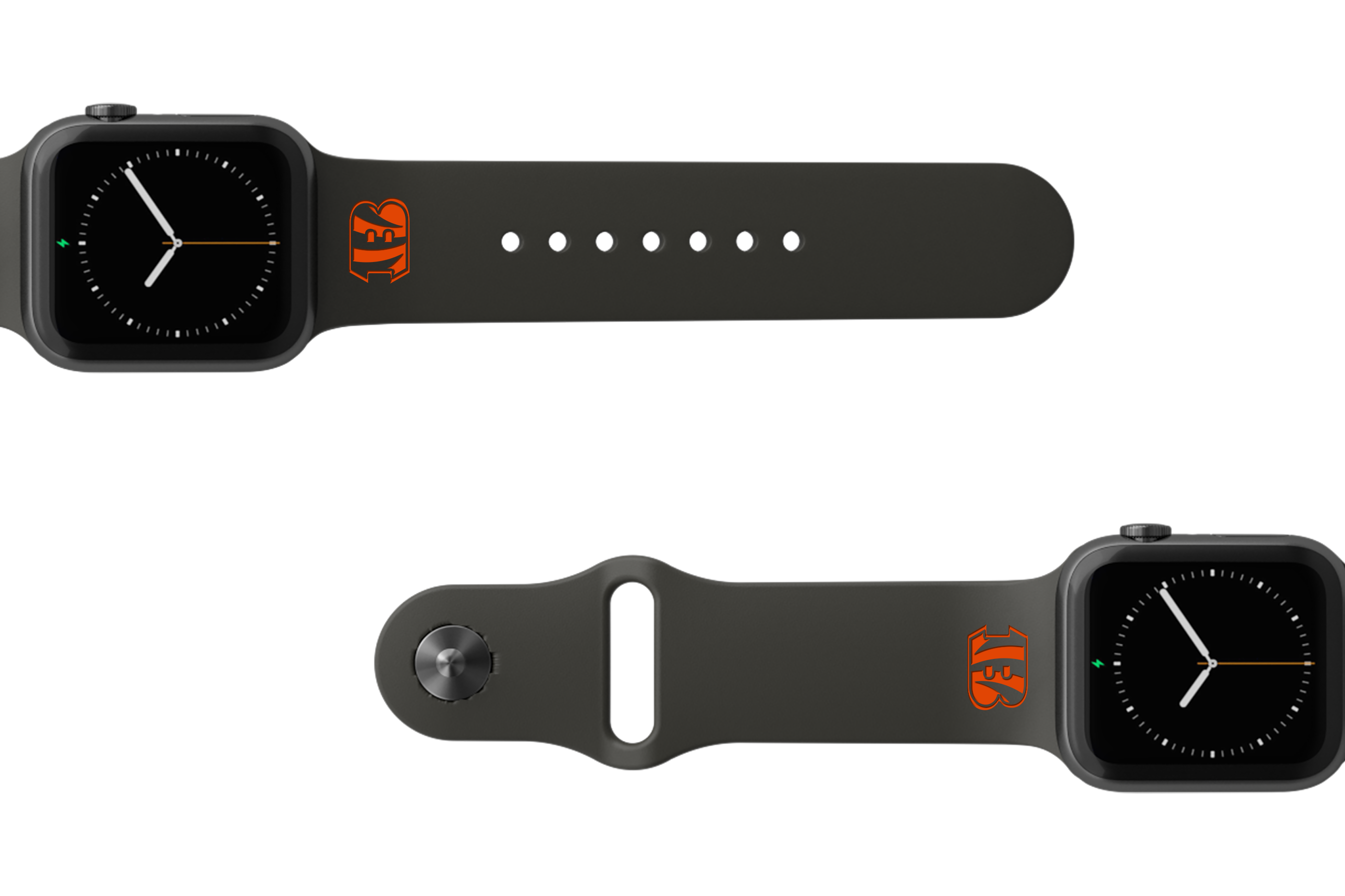 NFL Cincinnati Bengals Black   apple watch band with gray hardware viewed from top down 