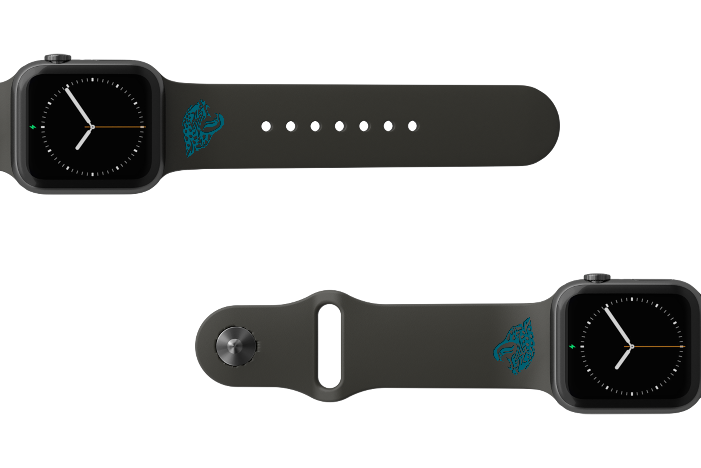 NFL Jacksonville Jaguars Black   apple watch band with gray hardware viewed from top down 