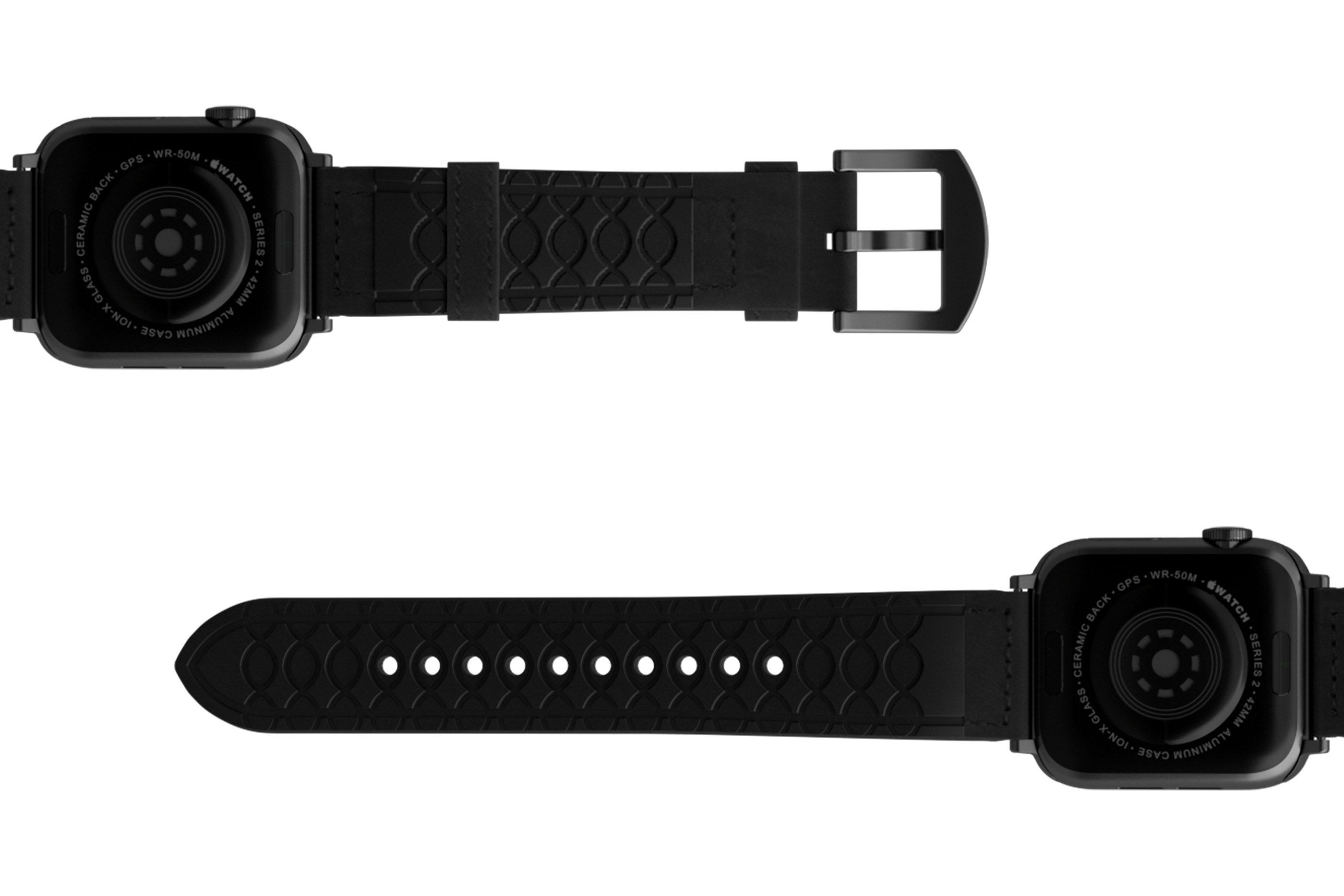 Vulcan Obsidian Black Leather Apple   watch band with gray hardware viewed bottom up