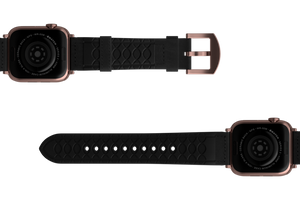 Vulcan Obsidian Black Leather Apple   watch band with rose gold hardware viewed bottom up