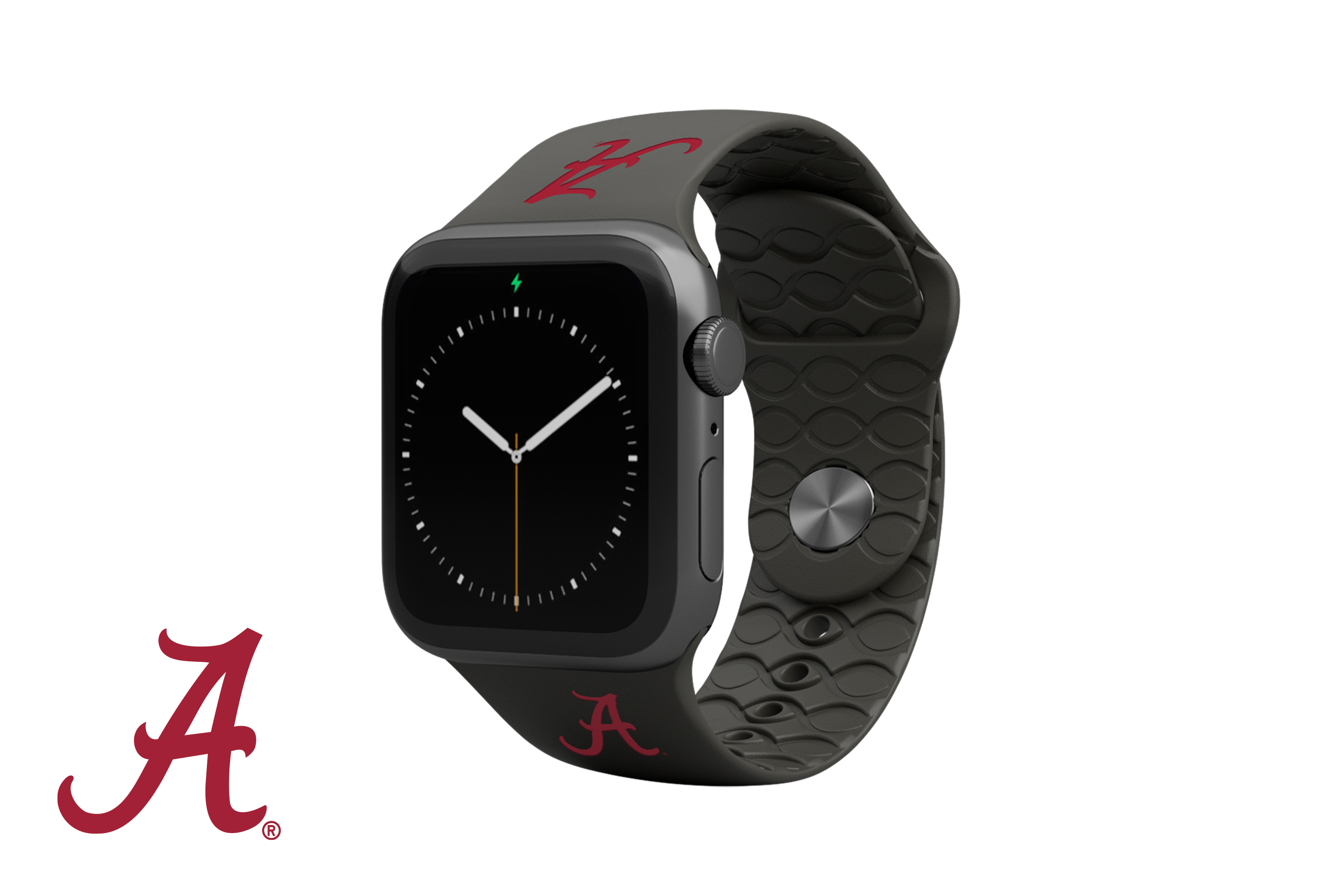 Apple Watch Band College Alabama Black with gray hardware viewed front on 