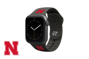 Apple Watch Band College Nebraska Black with gray hardware viewed front on 