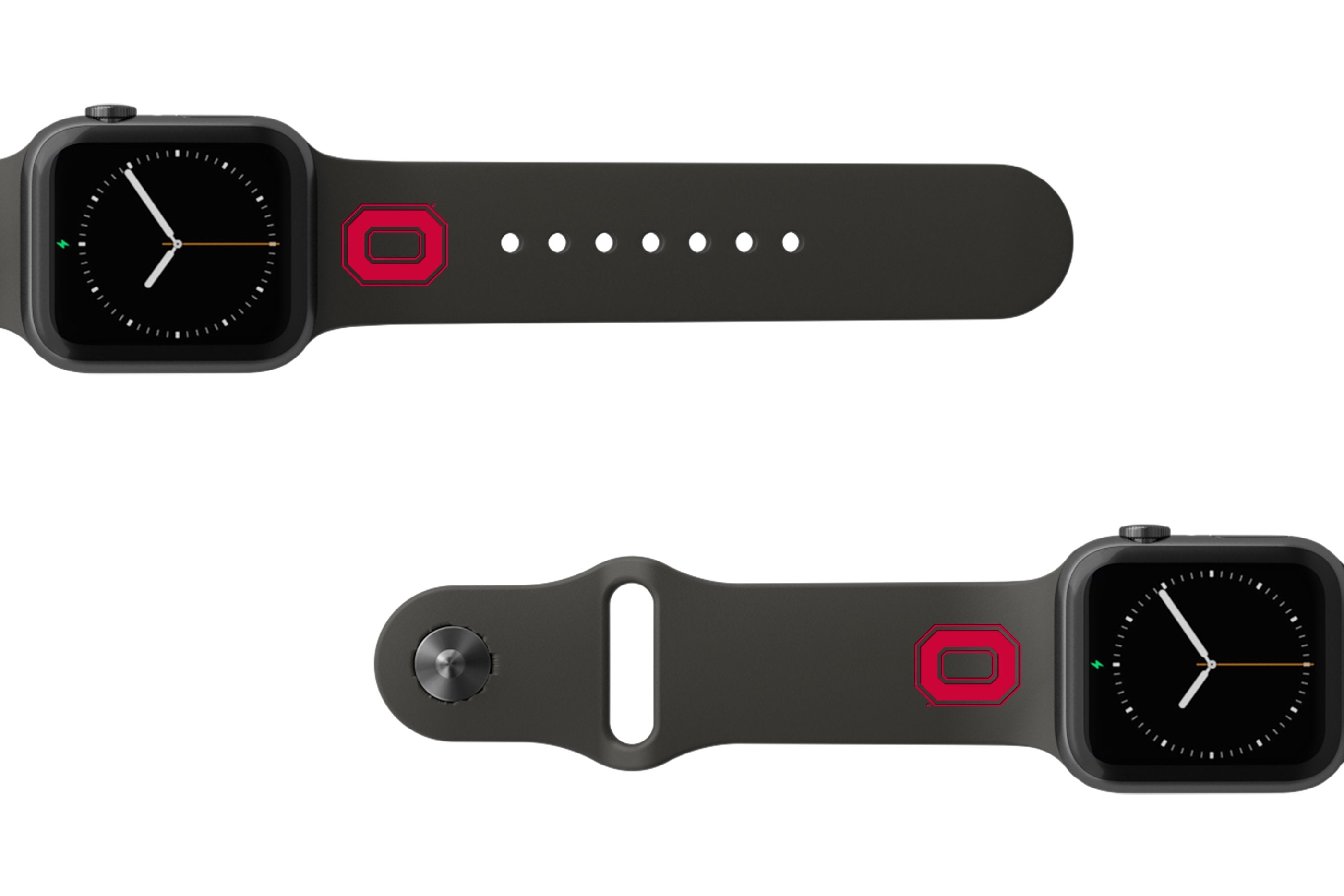College Ohio State Black Apple Watch Band with gray hardware viewed front on