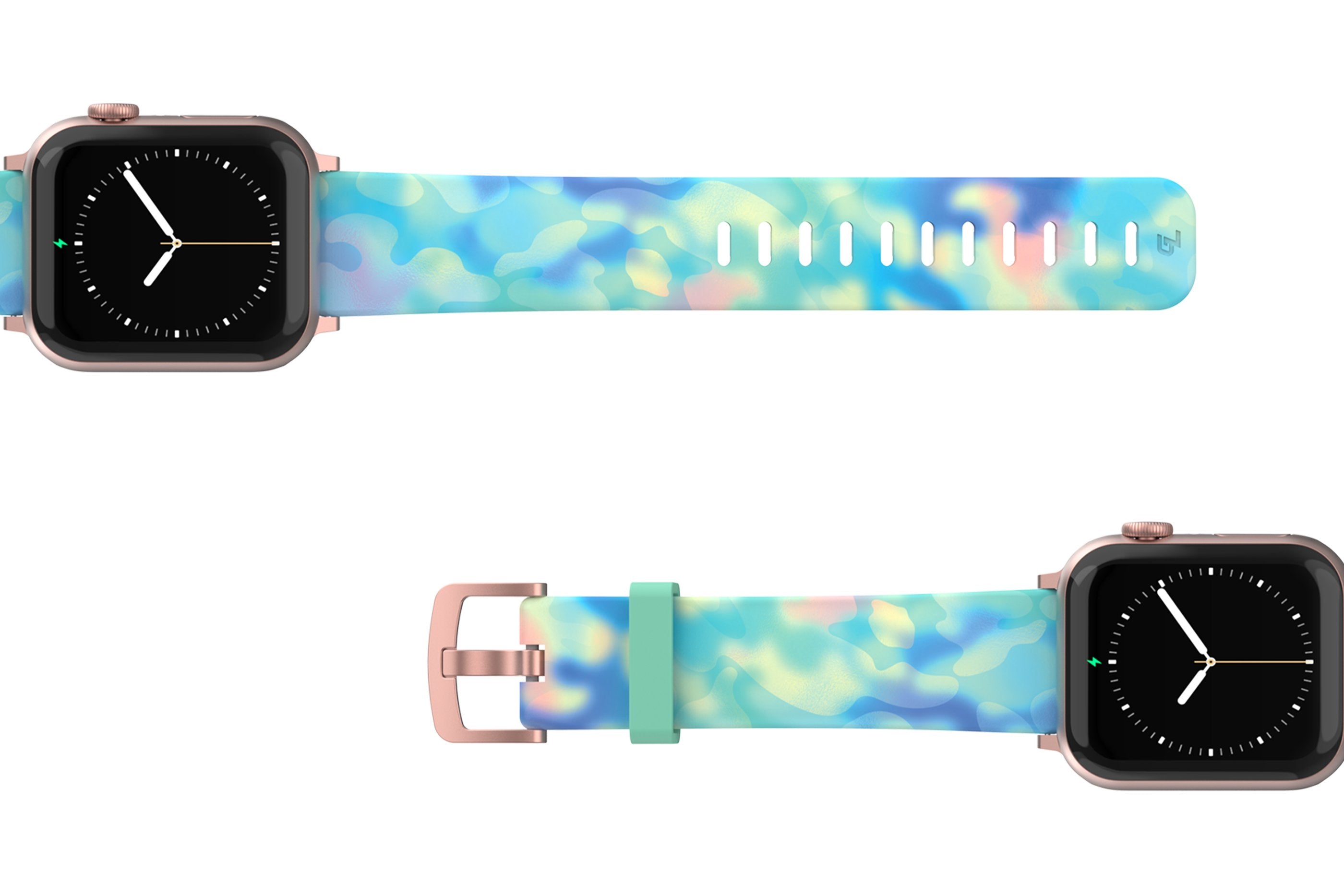 Opal - Apple watch band with rose gold hardware viewed top down 