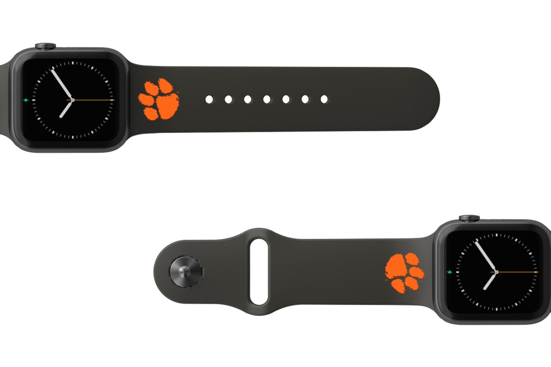 College Clemson Black apple watch band with gray hardware viewed from rear   