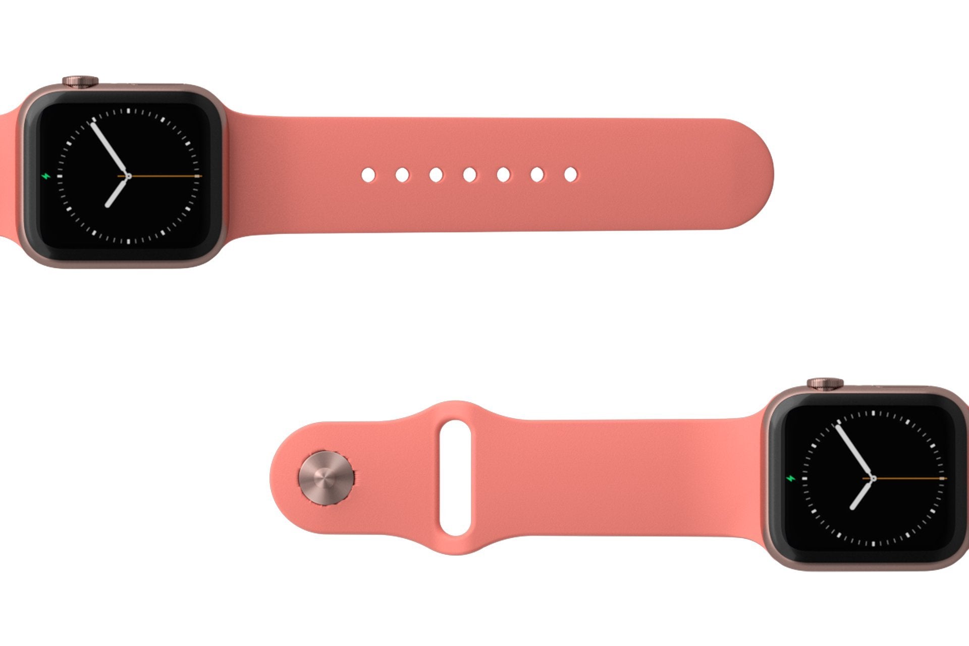Solid Coral Apple watch band with rose gold hardware viewed top down
