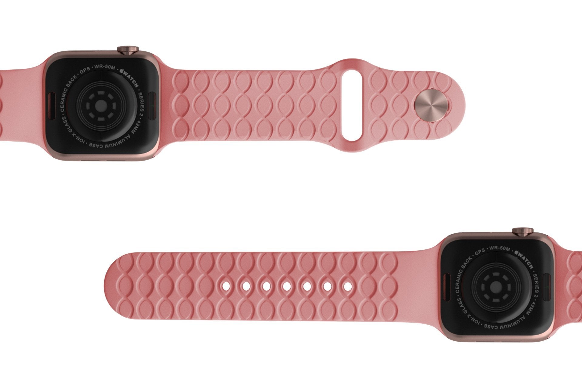 Solid Rose Pink  Apple watch band with rose gold hardware viewed bottom up 