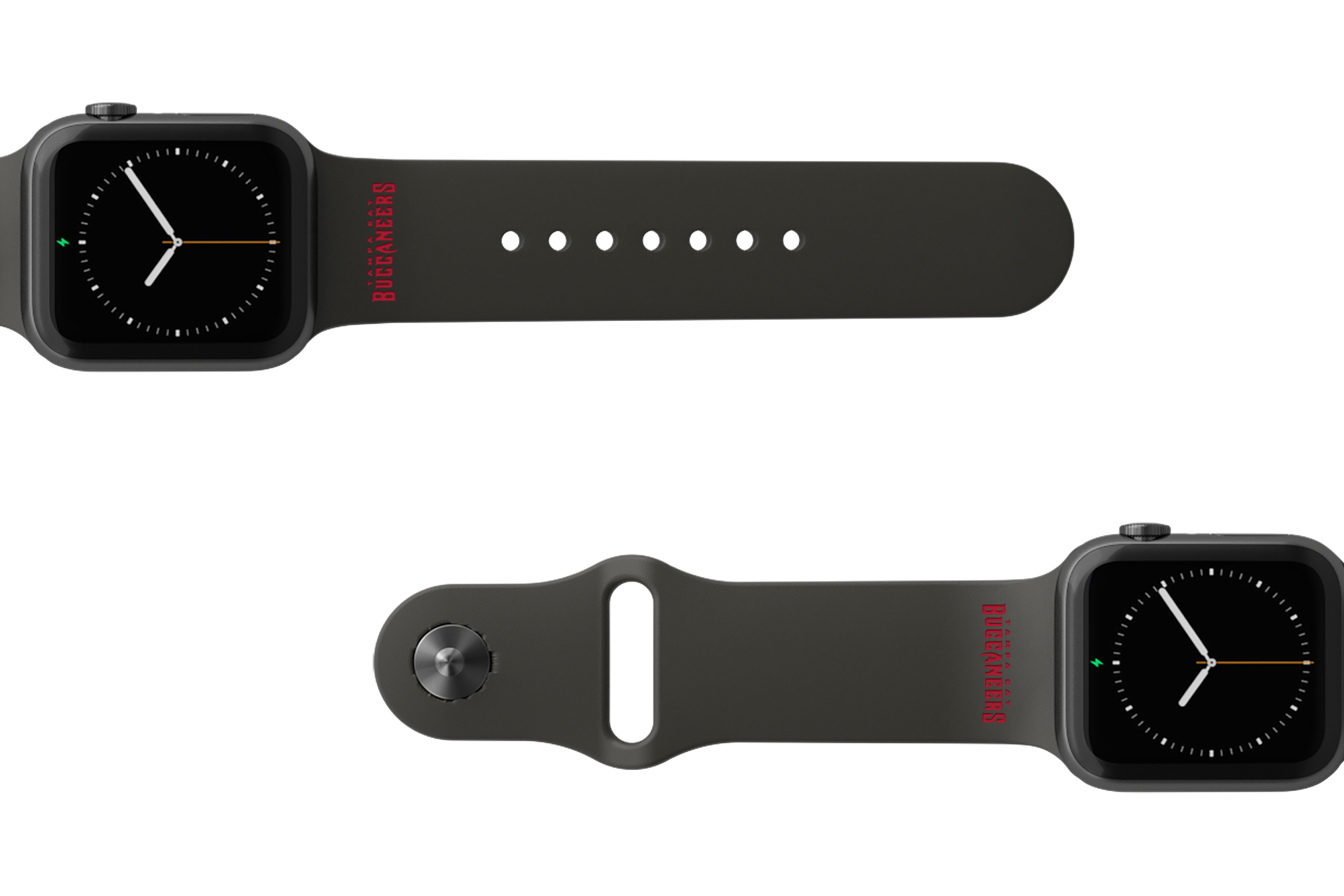 NFL Tampa Bay Buccaneers Black apple watch band with gray hardware viewed from top down 