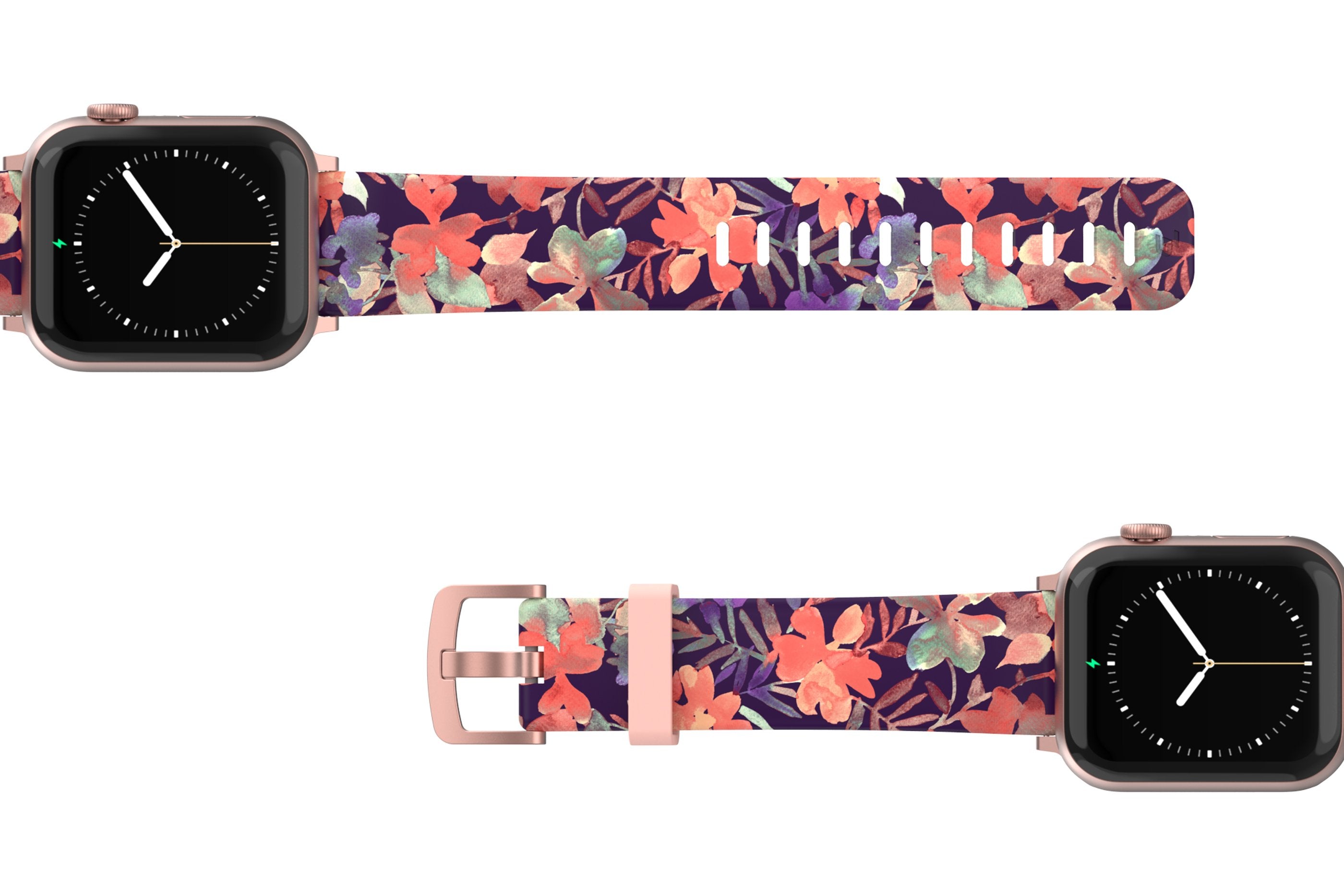 Tropics Apple watch band with gray hardware viewed top down 