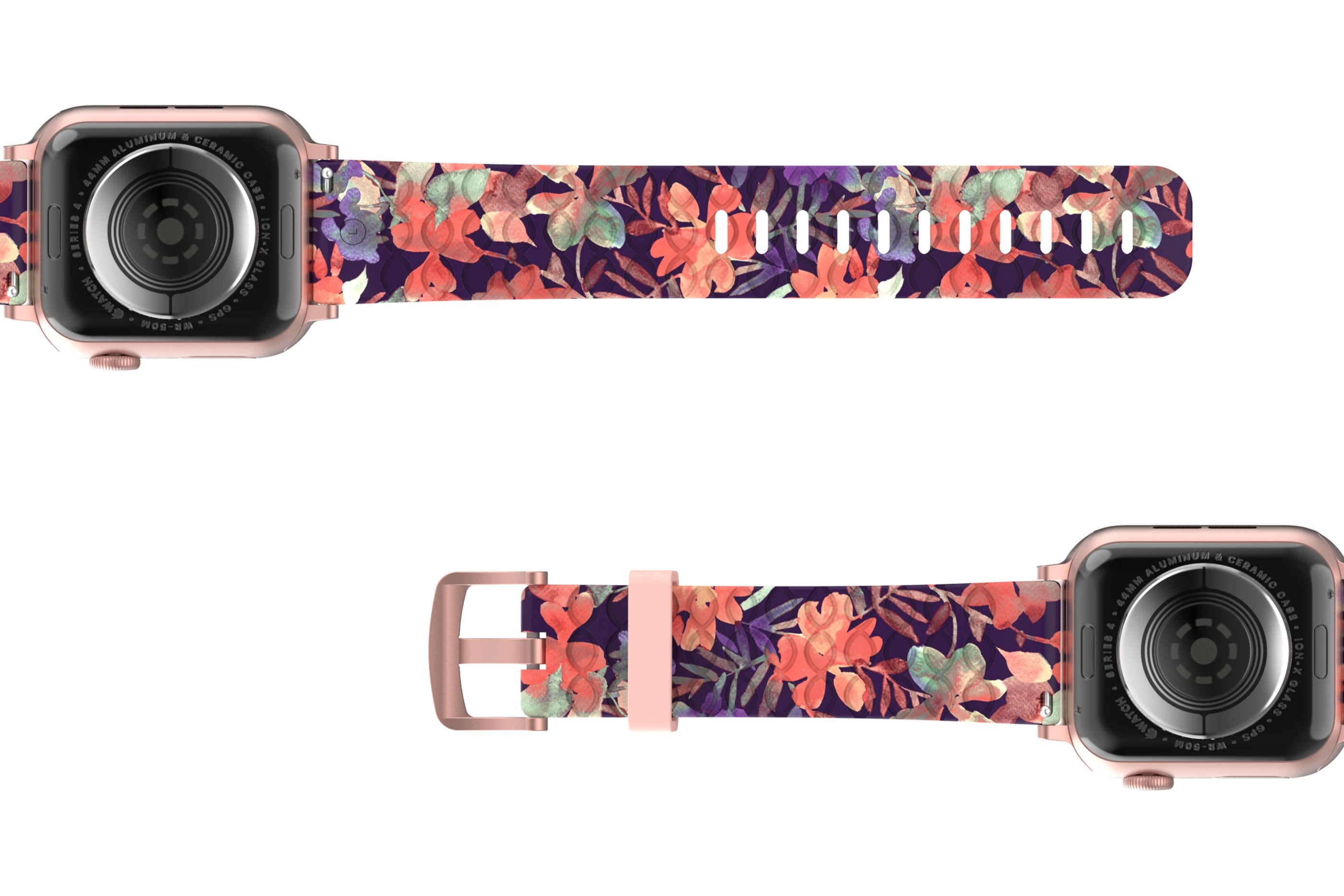 Tropics Apple   watch band with gray hardware viewed bottom up 