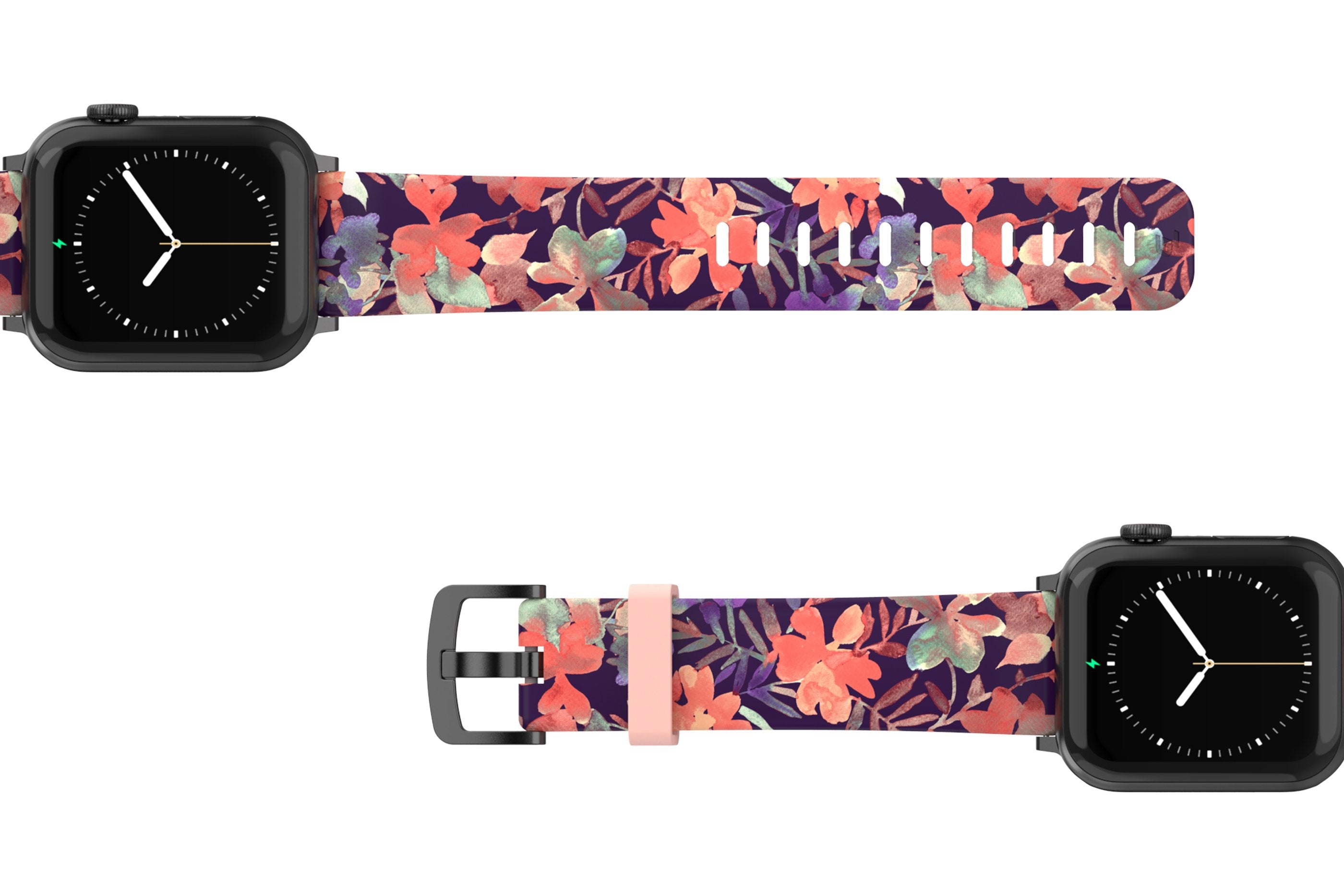 Tropics Apple watch band with rose gold hardware viewed top down 