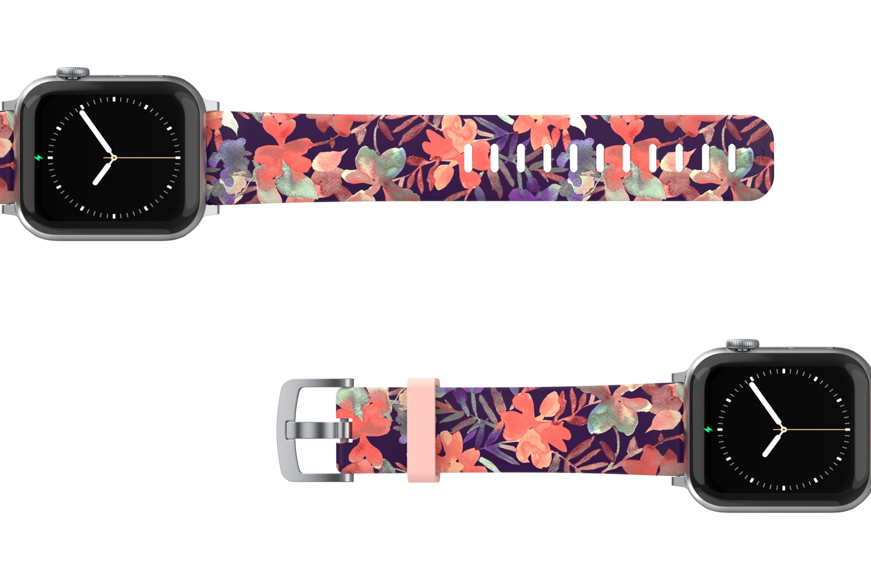 Tropics Apple watch band with silver hardware viewed top down 
