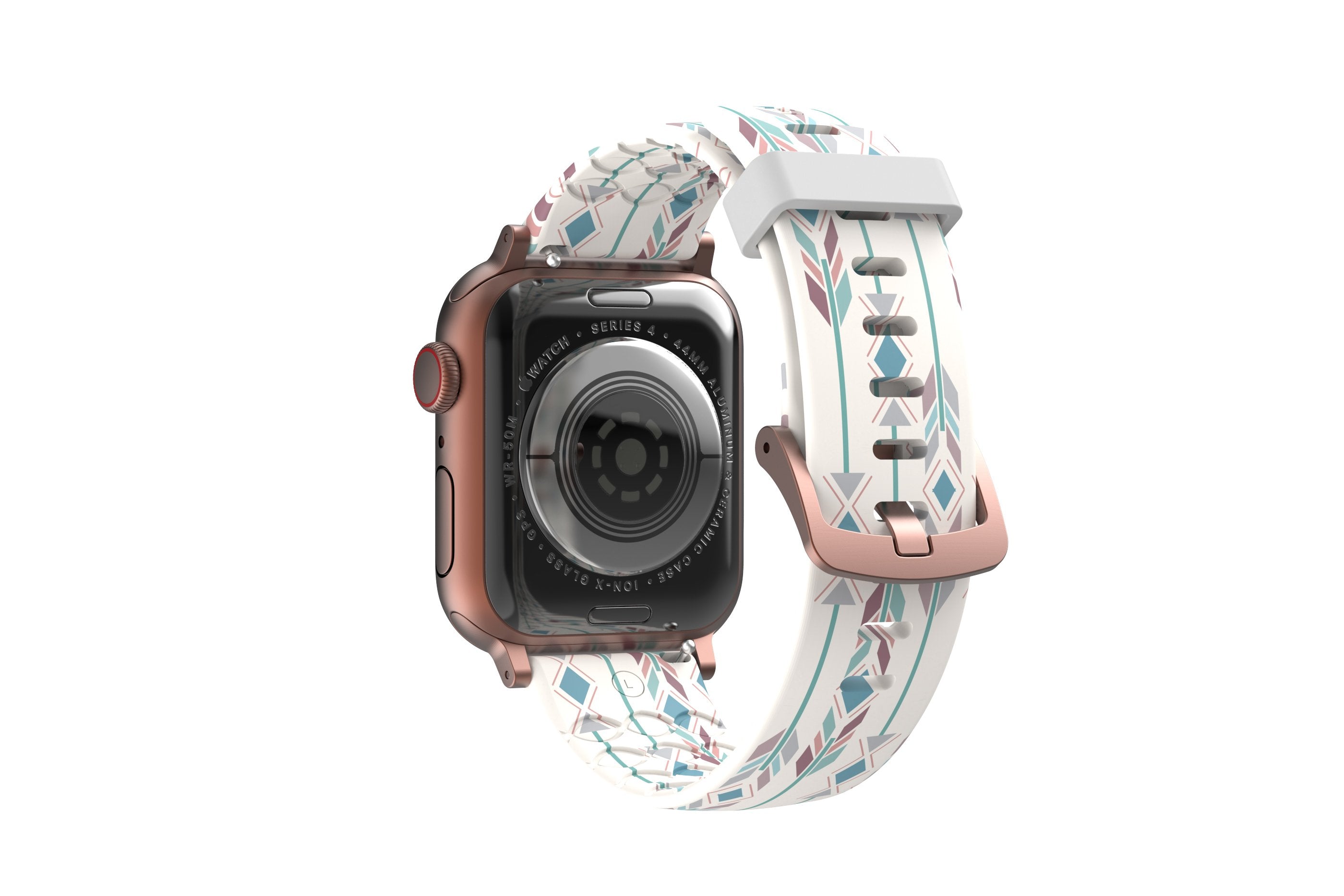 Wanderlust -  apple watch band with rose gold hardware viewed from top down 
